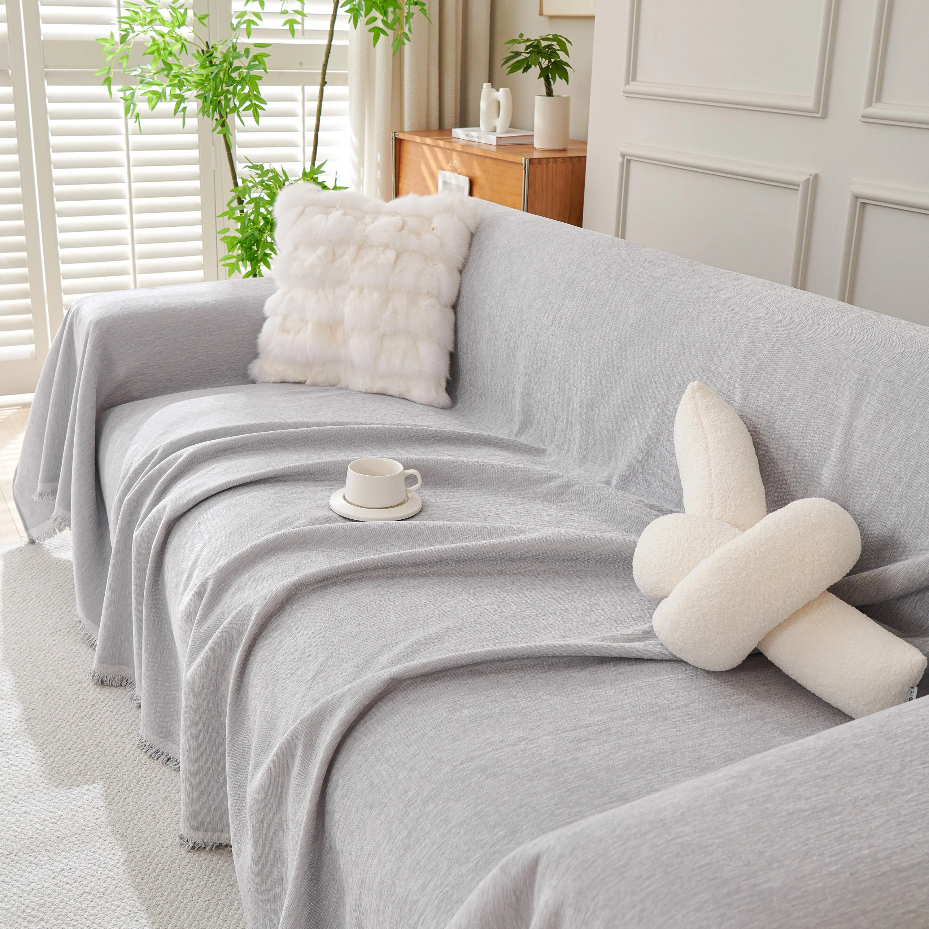 Solid Color Chenille Sofa Throw Blanket, Cozy & Easy Care Fringed Furniture Protector - Image 58
