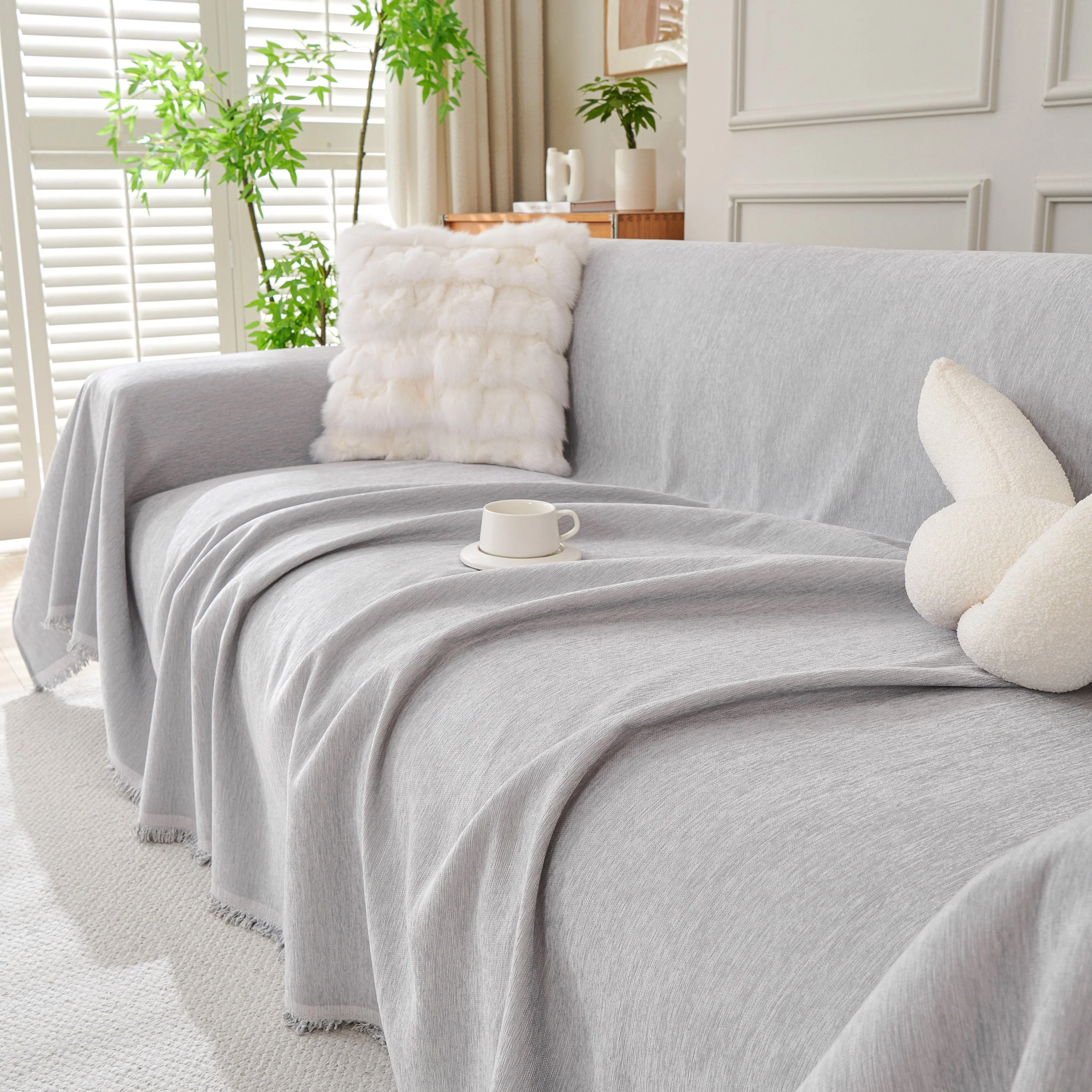 Solid Color Chenille Sofa Throw Blanket, Cozy & Easy Care Fringed Furniture Protector - Image 59
