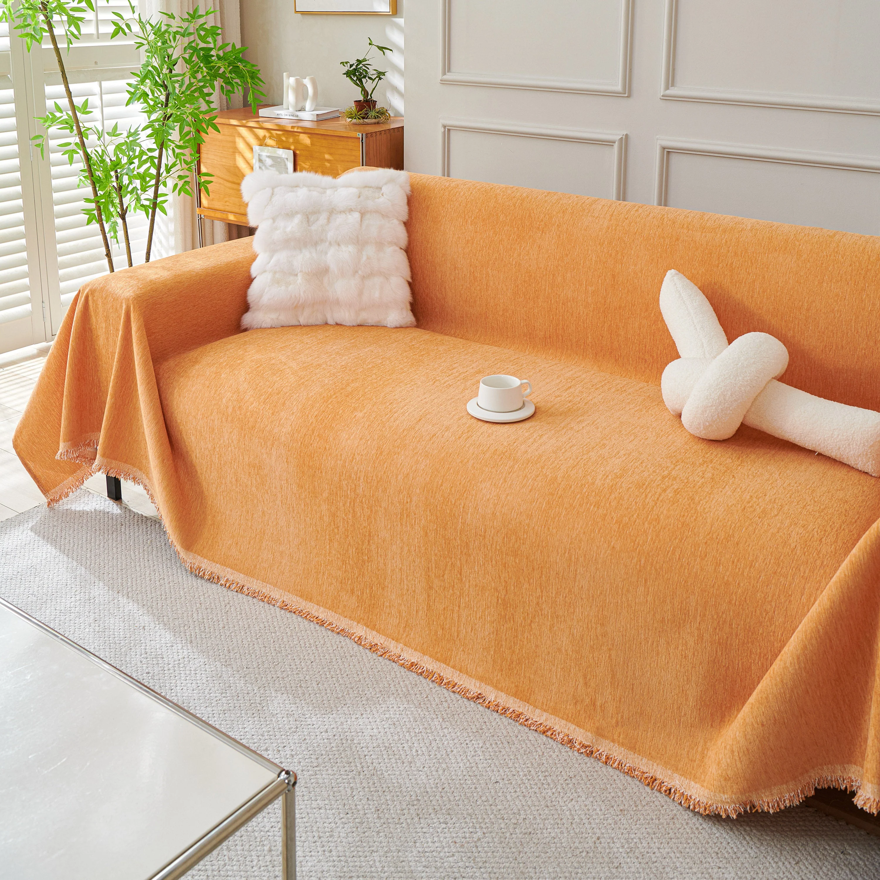 Solid Color Chenille Sofa Throw Blanket, Cozy & Easy Care Fringed Furniture Protector - Image 6