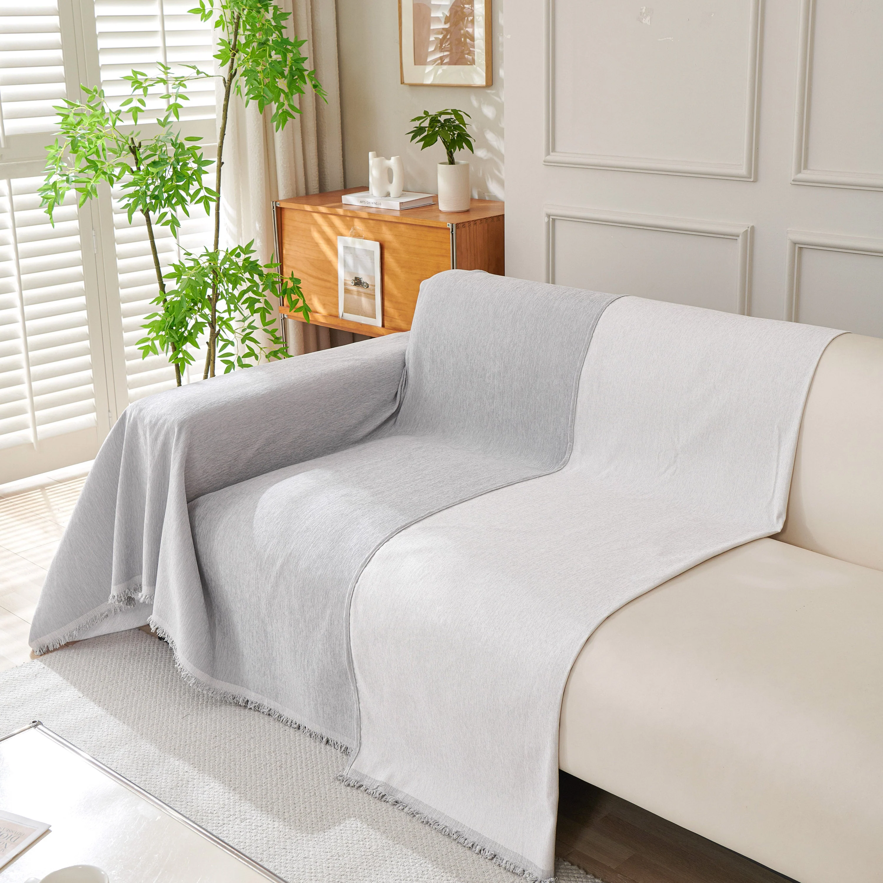 Solid Color Chenille Sofa Throw Blanket, Cozy & Easy Care Fringed Furniture Protector - Image 63