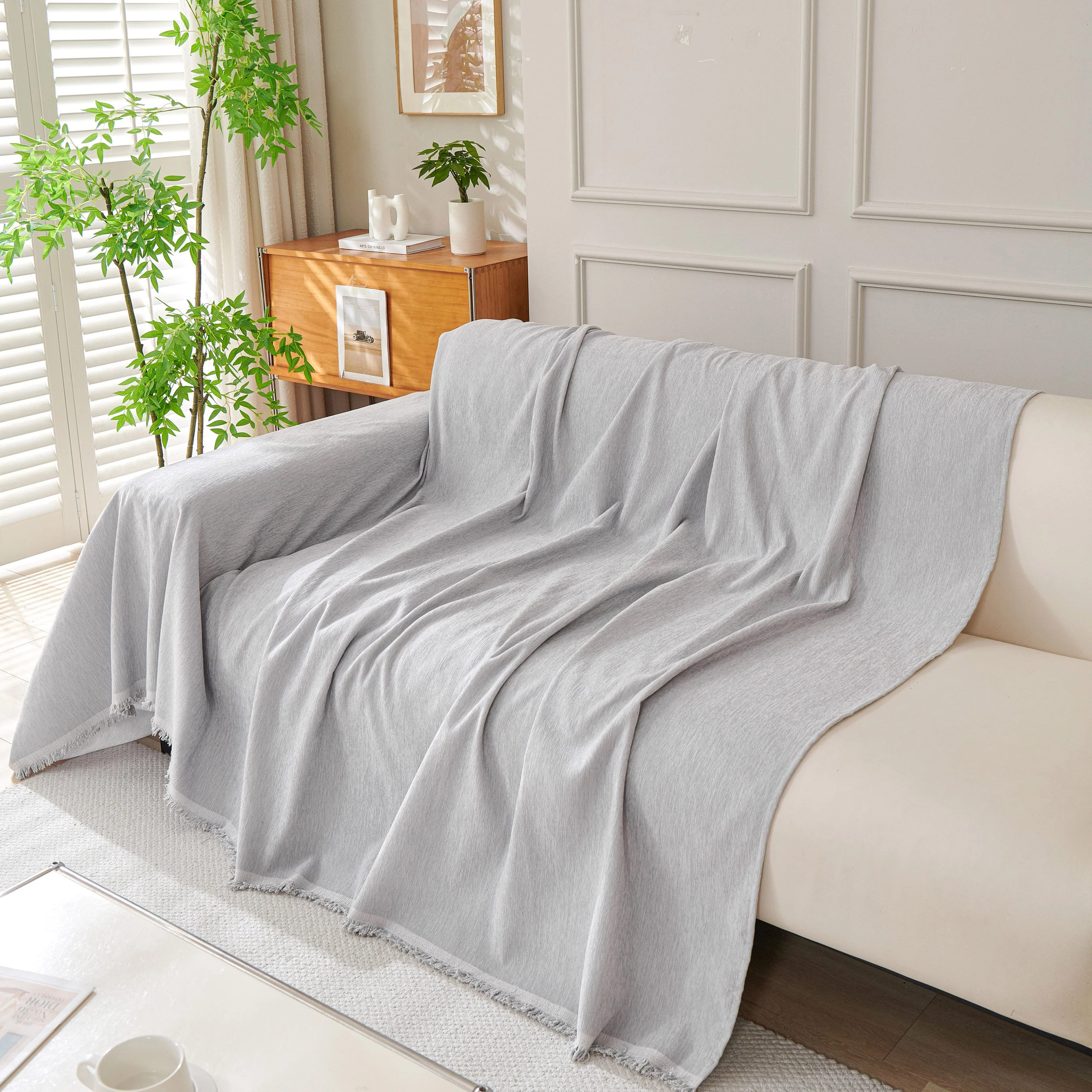 Solid Color Chenille Sofa Throw Blanket, Cozy & Easy Care Fringed Furniture Protector - Image 64