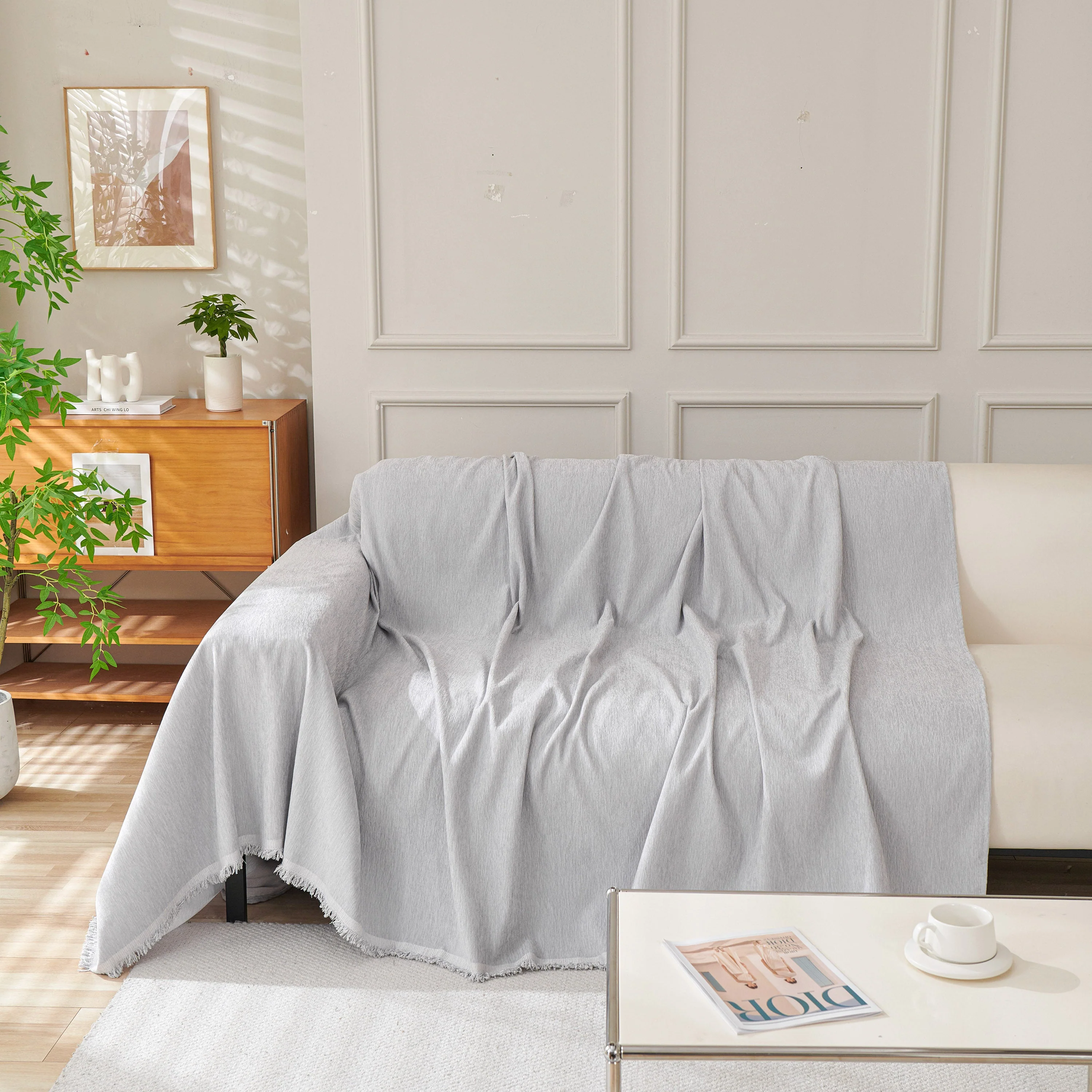 Solid Color Chenille Sofa Throw Blanket, Cozy & Easy Care Fringed Furniture Protector - Image 65