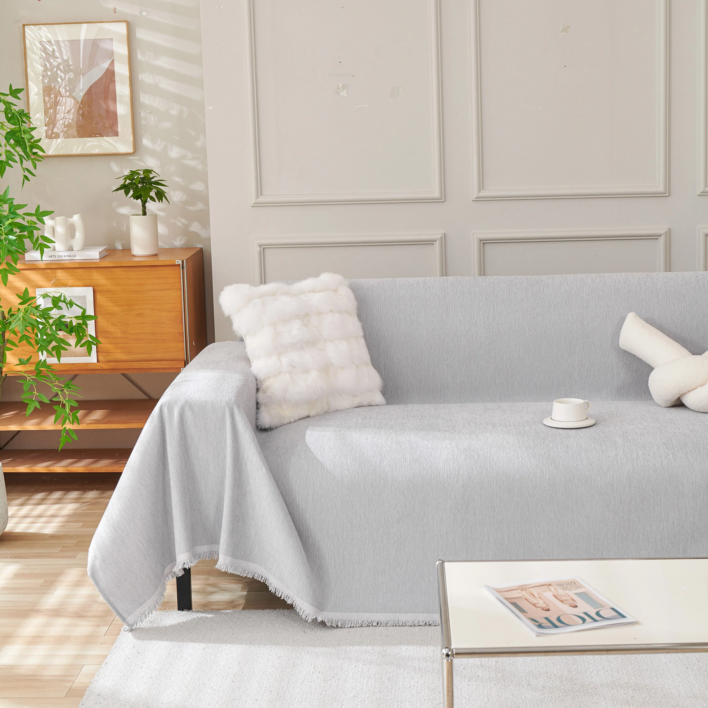 Solid Color Chenille Sofa Throw Blanket, Cozy & Easy Care Fringed Furniture Protector - Image 66