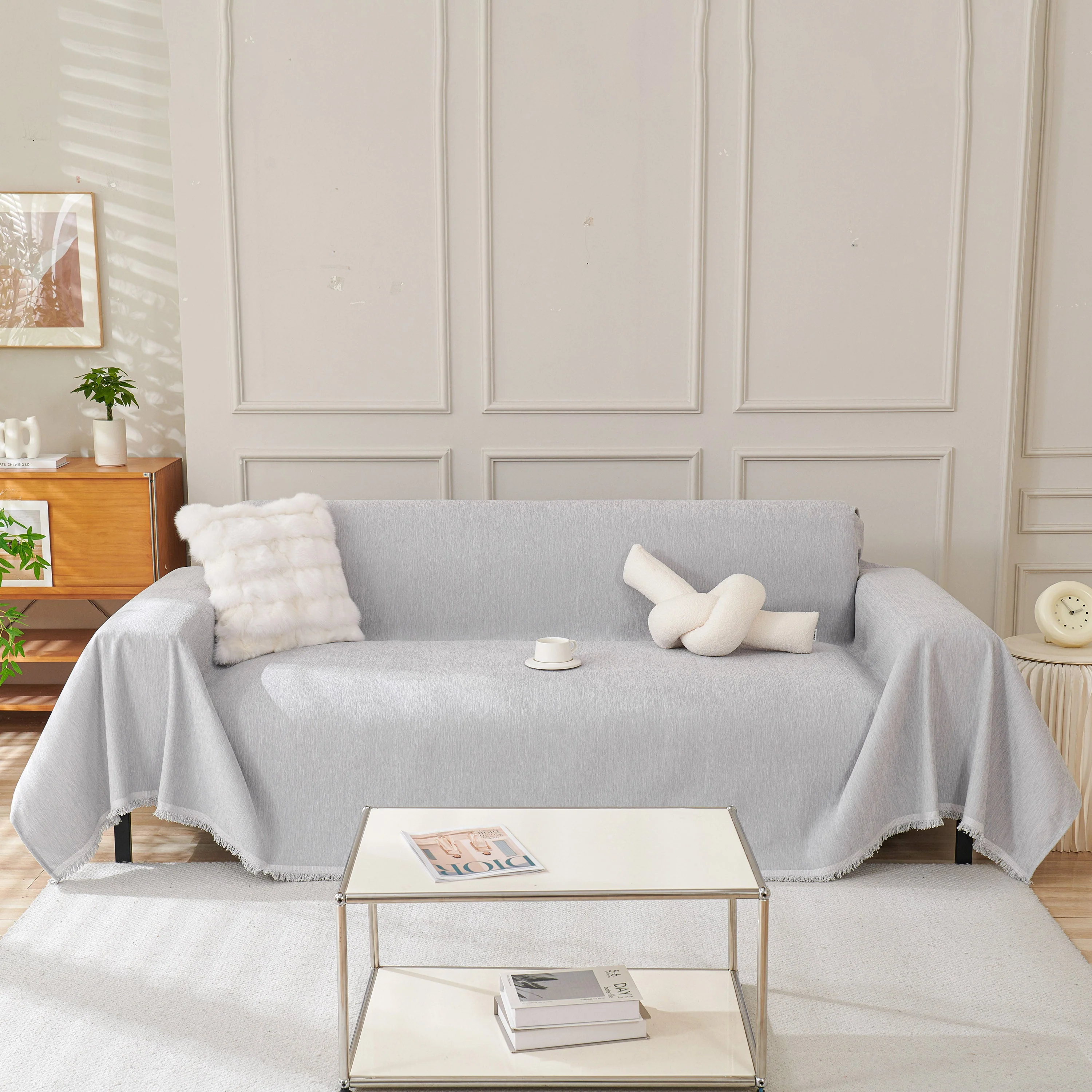 Solid Color Chenille Sofa Throw Blanket, Cozy & Easy Care Fringed Furniture Protector - Image 67