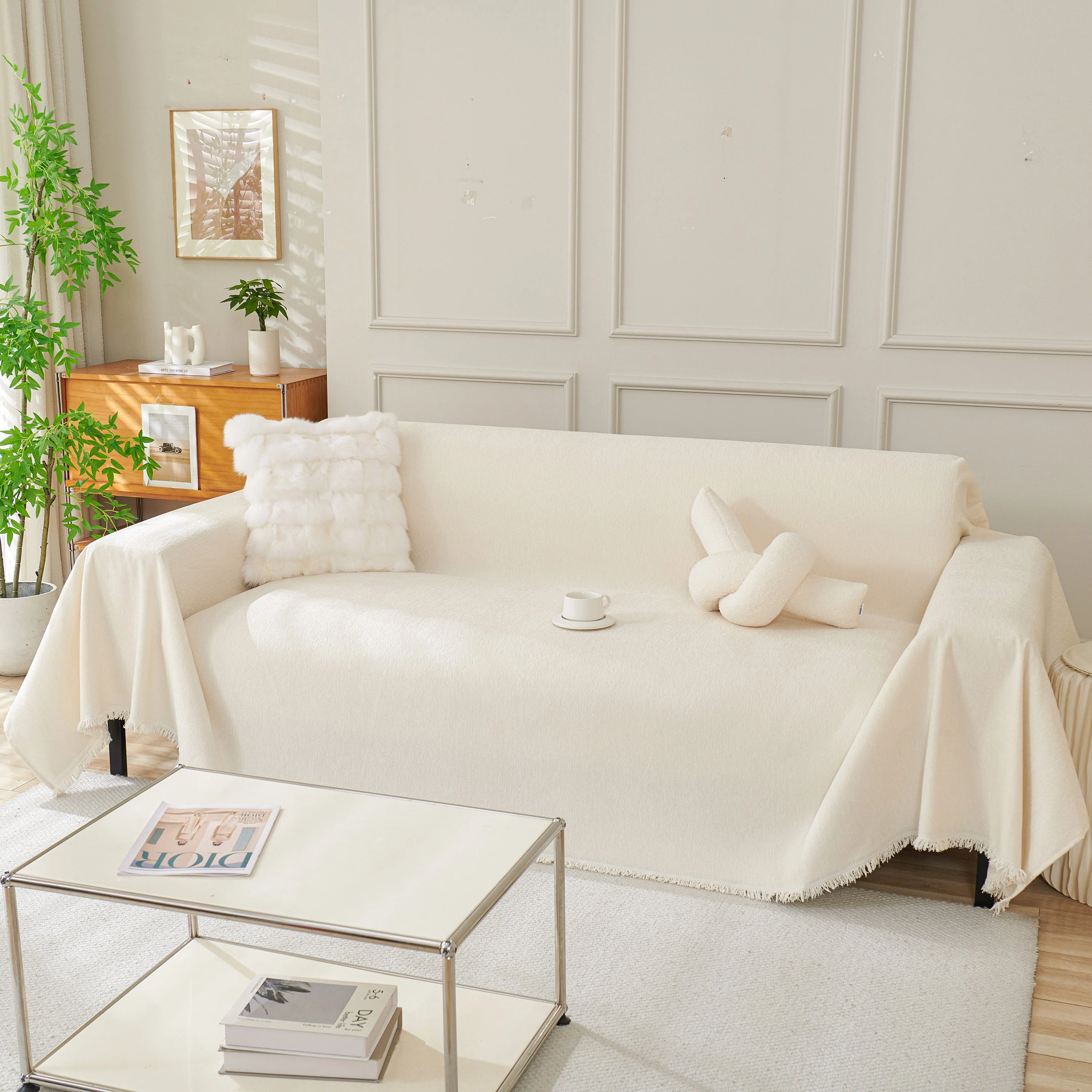 Solid Color Chenille Sofa Throw Blanket, Cozy & Easy Care Fringed Furniture Protector - Image 69