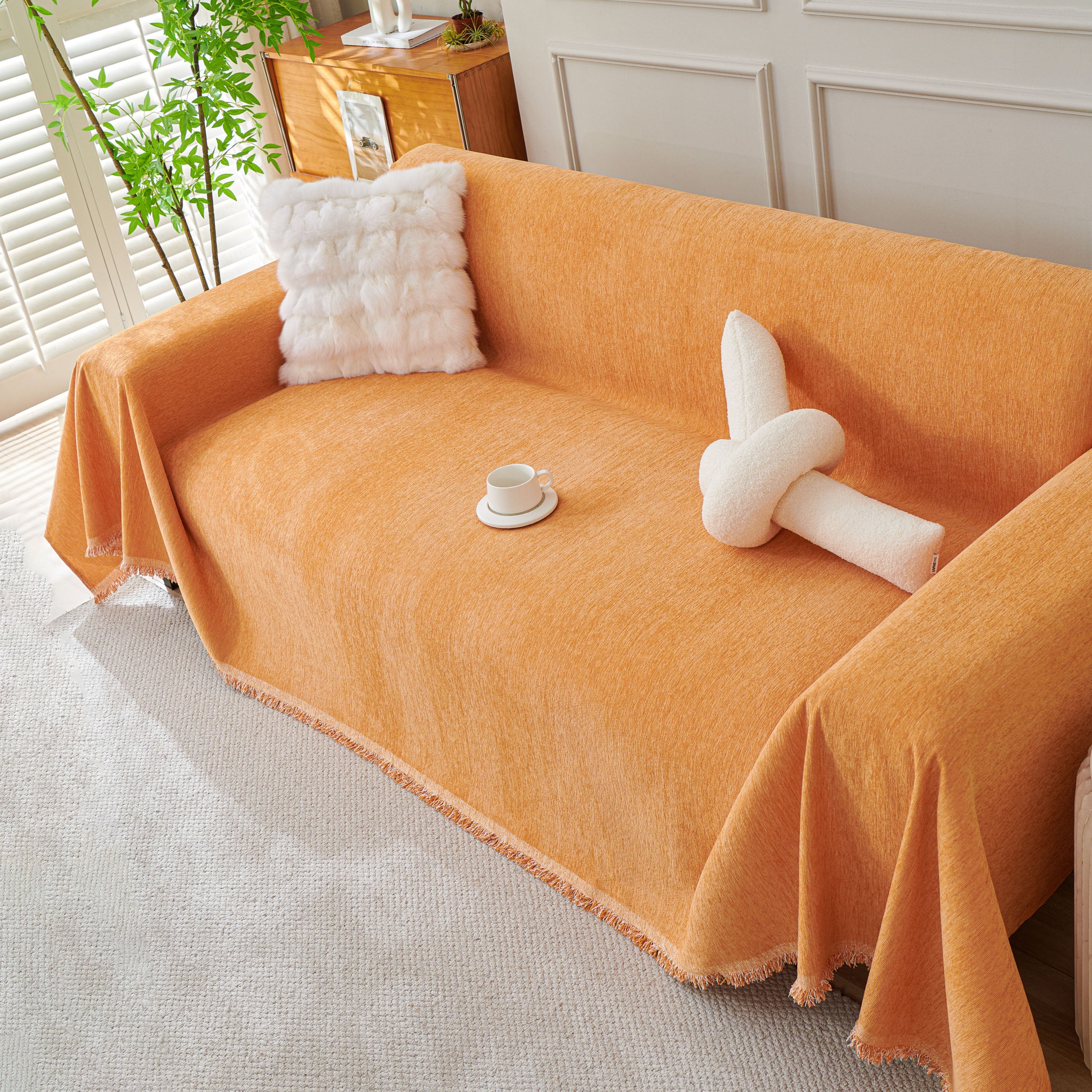 Solid Color Chenille Sofa Throw Blanket, Cozy & Easy Care Fringed Furniture Protector - Image 7