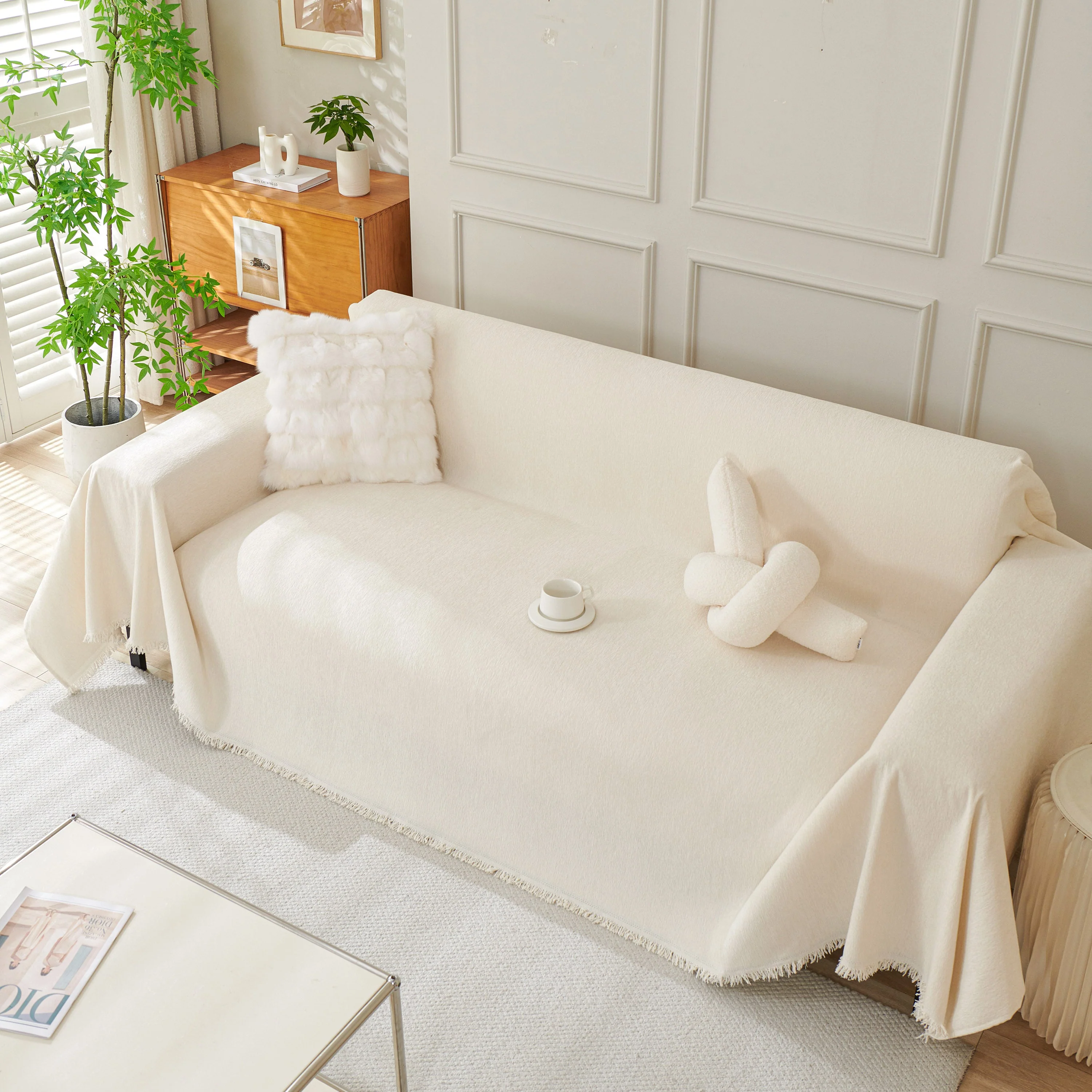 Solid Color Chenille Sofa Throw Blanket, Cozy & Easy Care Fringed Furniture Protector - Image 70