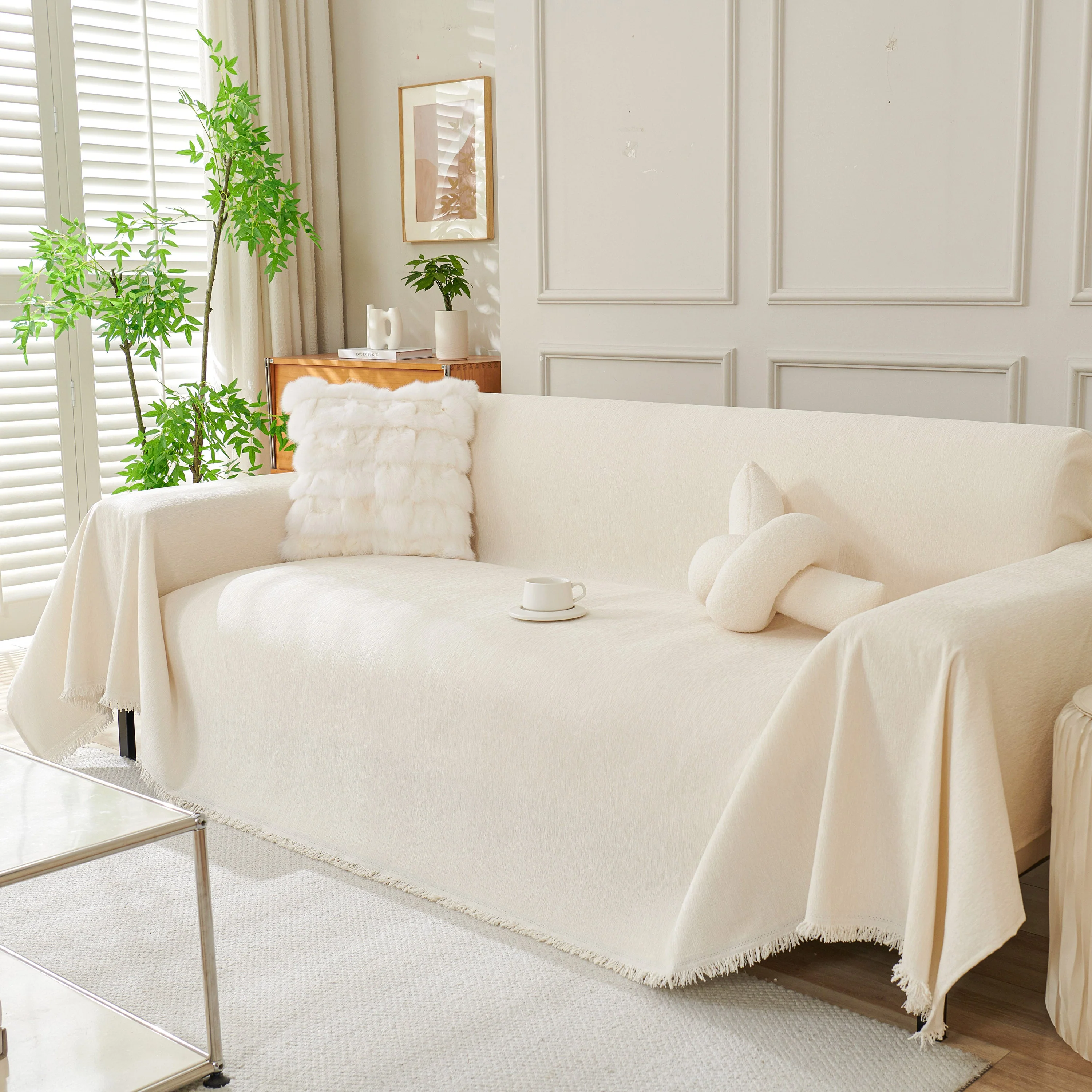 Solid Color Chenille Sofa Throw Blanket, Cozy & Easy Care Fringed Furniture Protector - Image 71
