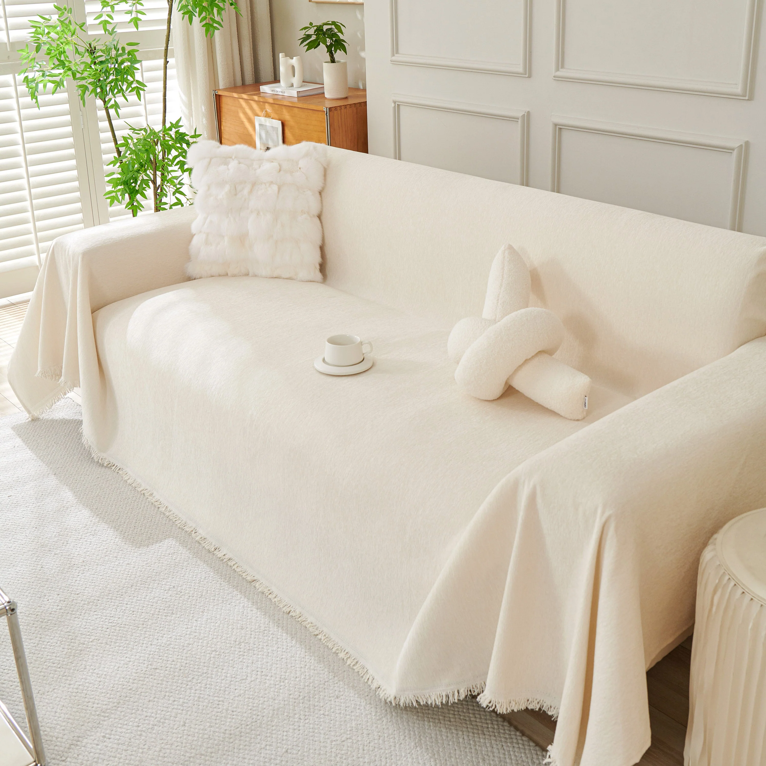 Solid Color Chenille Sofa Throw Blanket, Cozy & Easy Care Fringed Furniture Protector - Image 72