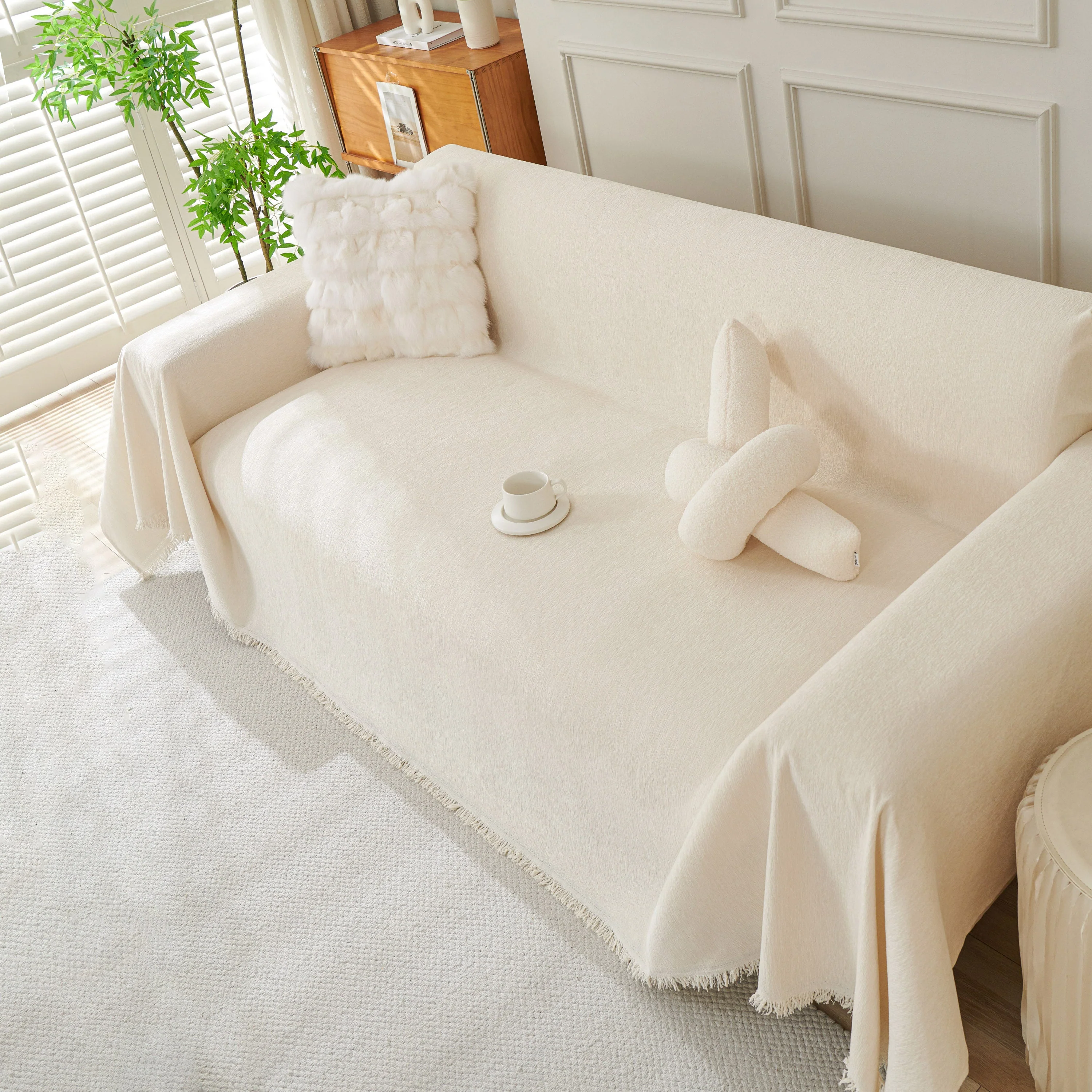 Solid Color Chenille Sofa Throw Blanket, Cozy & Easy Care Fringed Furniture Protector - Image 73