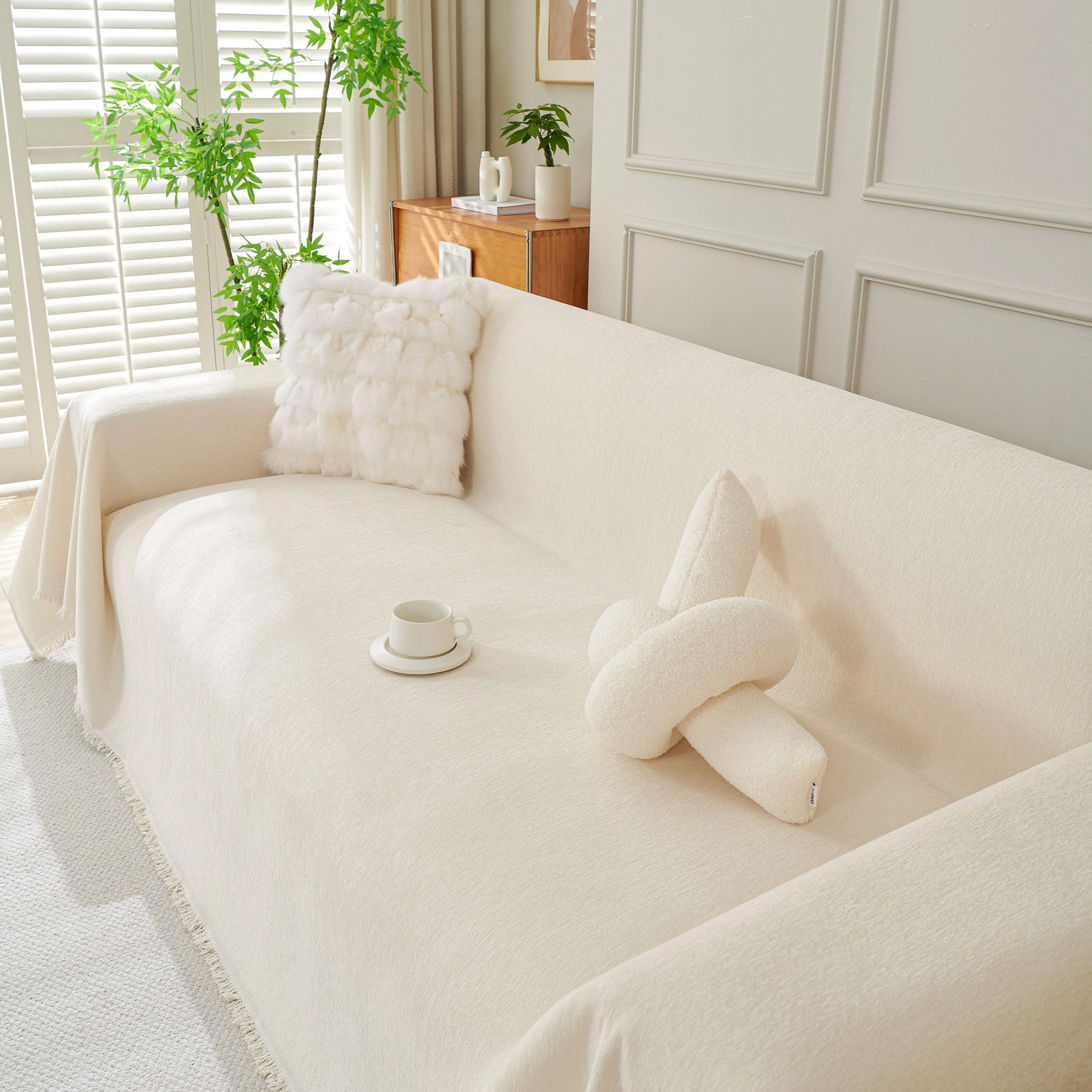 Solid Color Chenille Sofa Throw Blanket, Cozy & Easy Care Fringed Furniture Protector - Image 74