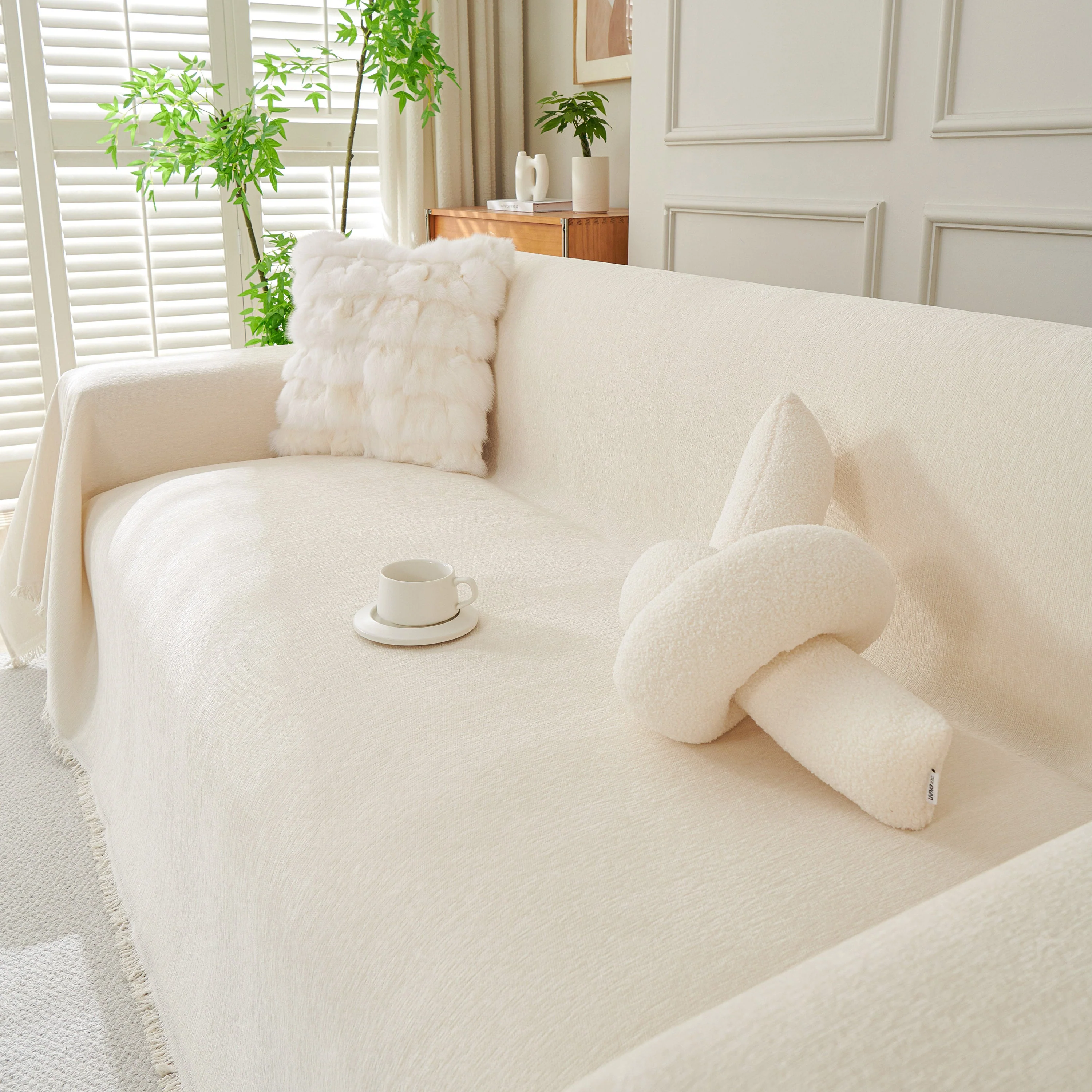 Solid Color Chenille Sofa Throw Blanket, Cozy & Easy Care Fringed Furniture Protector - Image 76