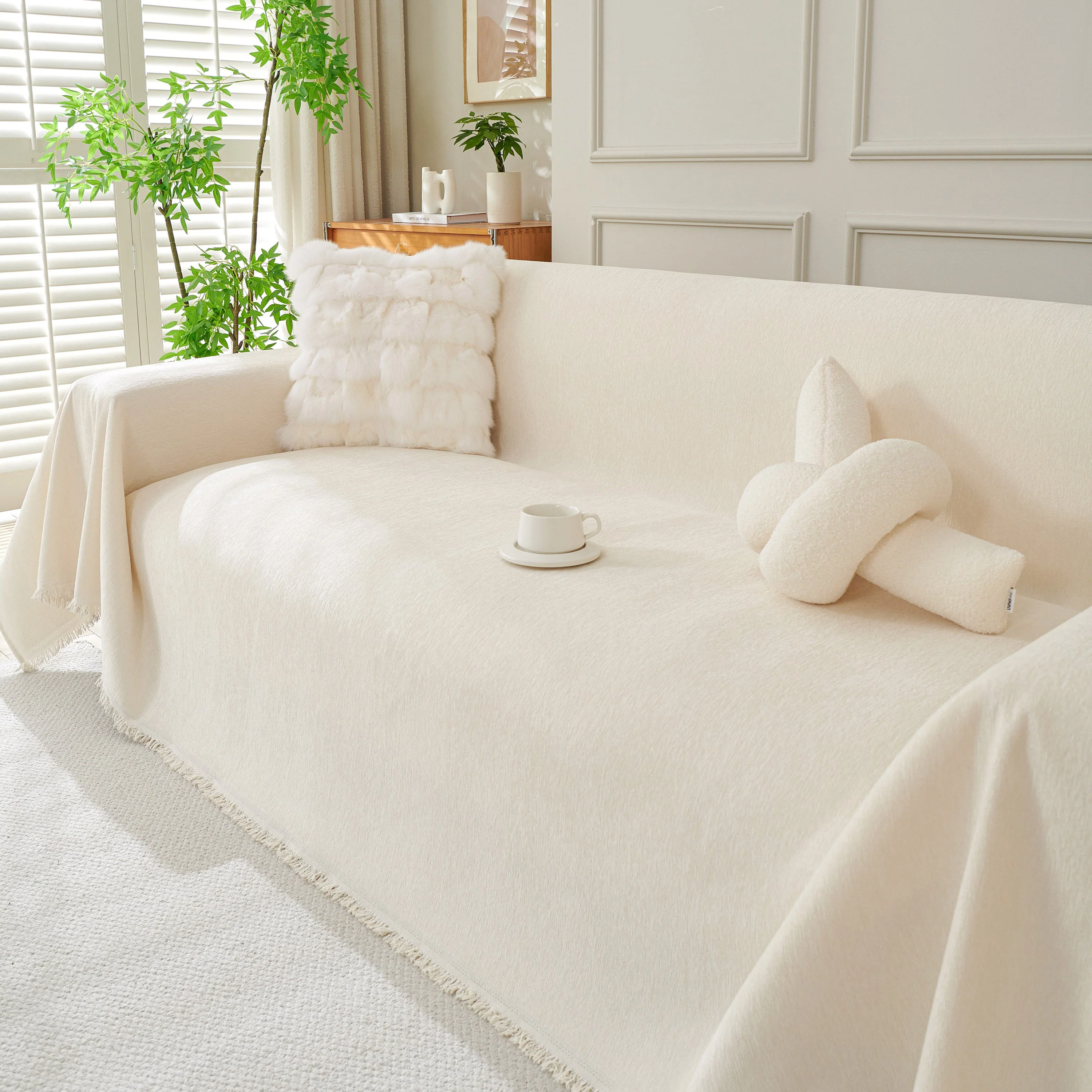 Solid Color Chenille Sofa Throw Blanket, Cozy & Easy Care Fringed Furniture Protector - Image 77