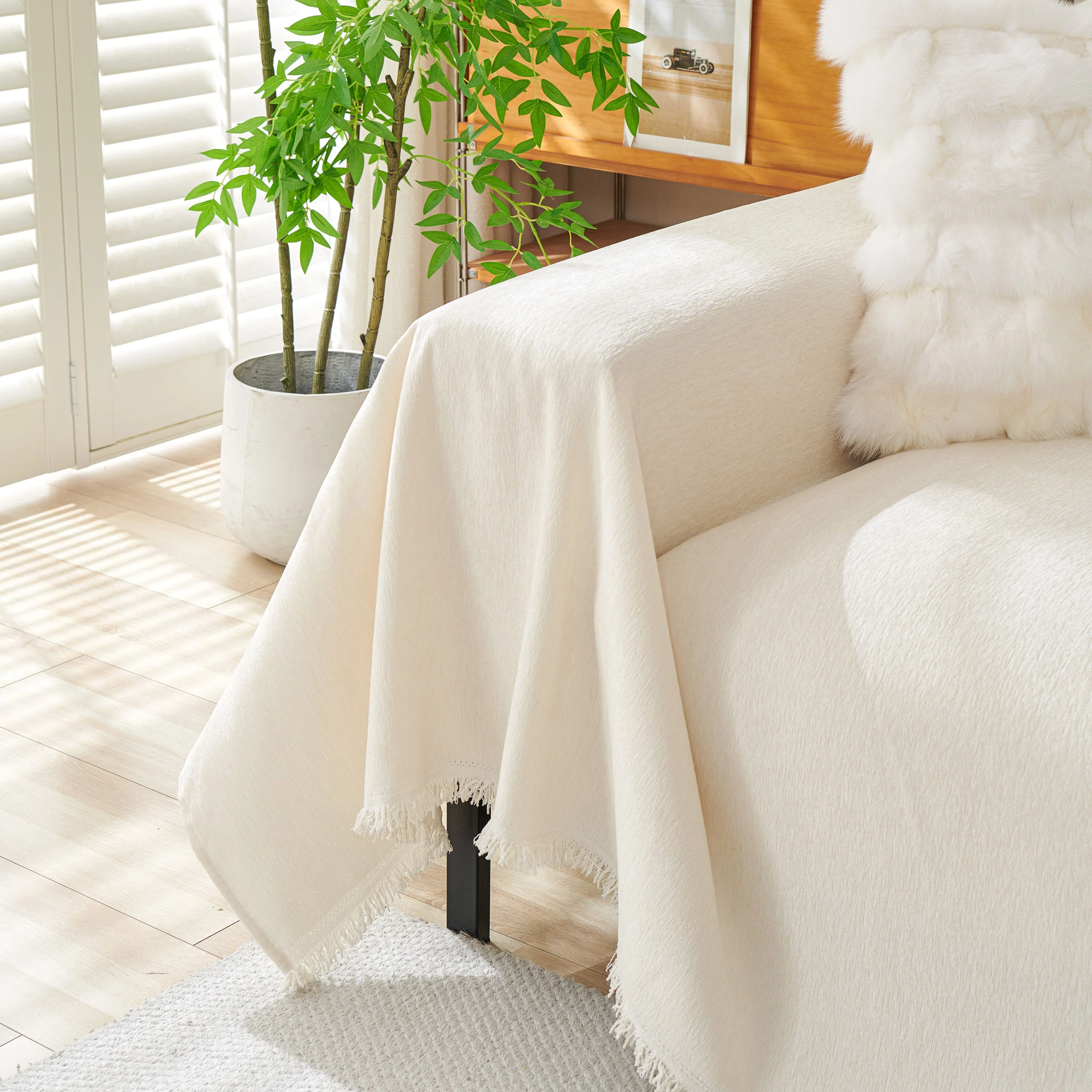 Solid Color Chenille Sofa Throw Blanket, Cozy & Easy Care Fringed Furniture Protector - Image 78