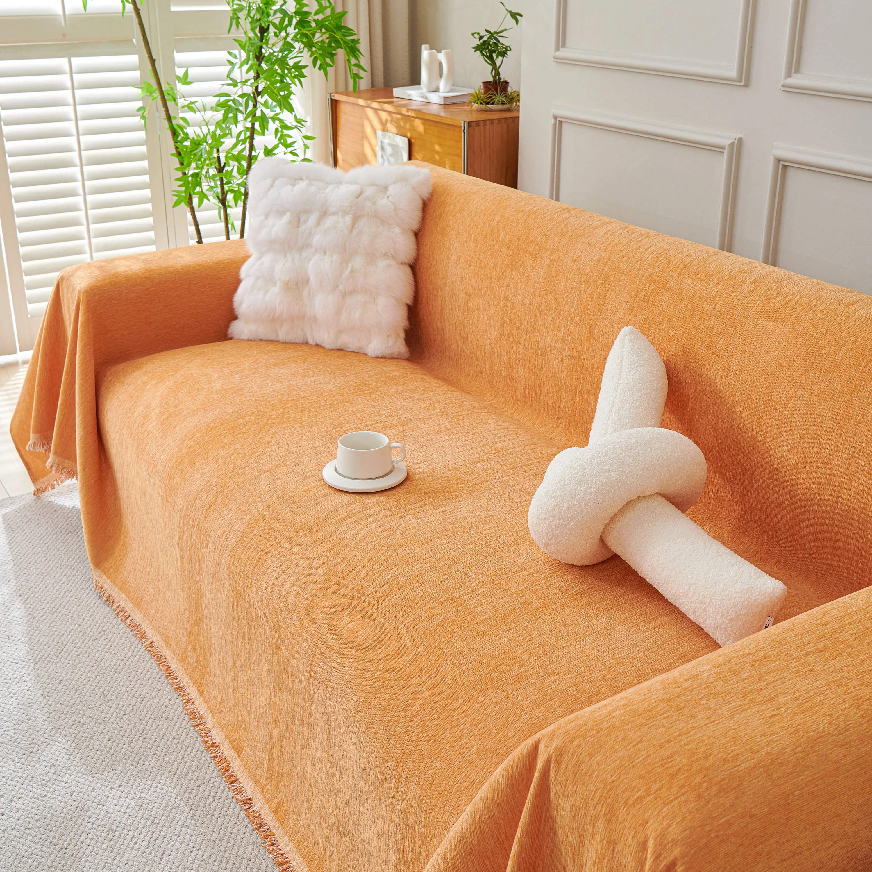 Solid Color Chenille Sofa Throw Blanket, Cozy & Easy Care Fringed Furniture Protector - Image 8