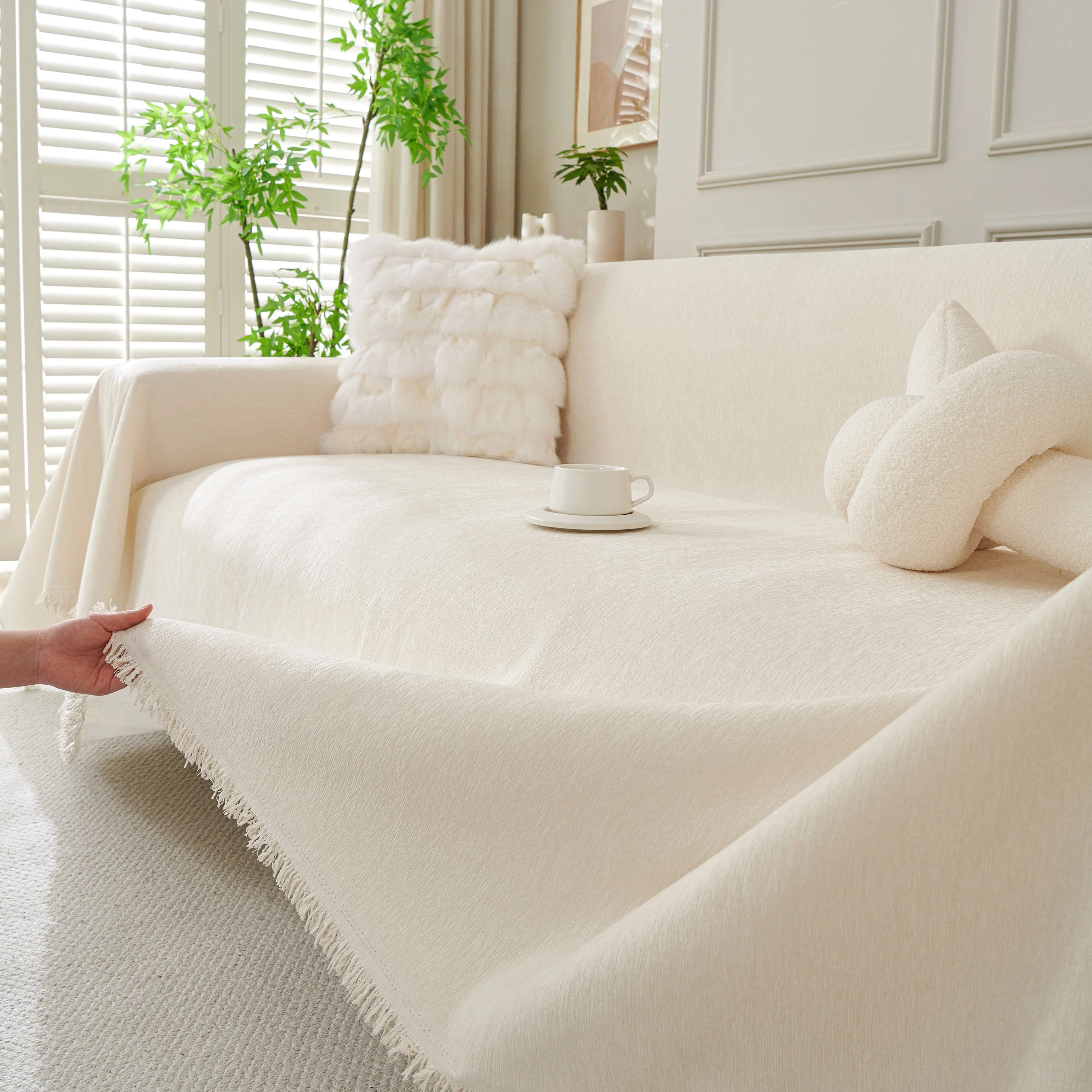 Solid Color Chenille Sofa Throw Blanket, Cozy & Easy Care Fringed Furniture Protector - Image 80