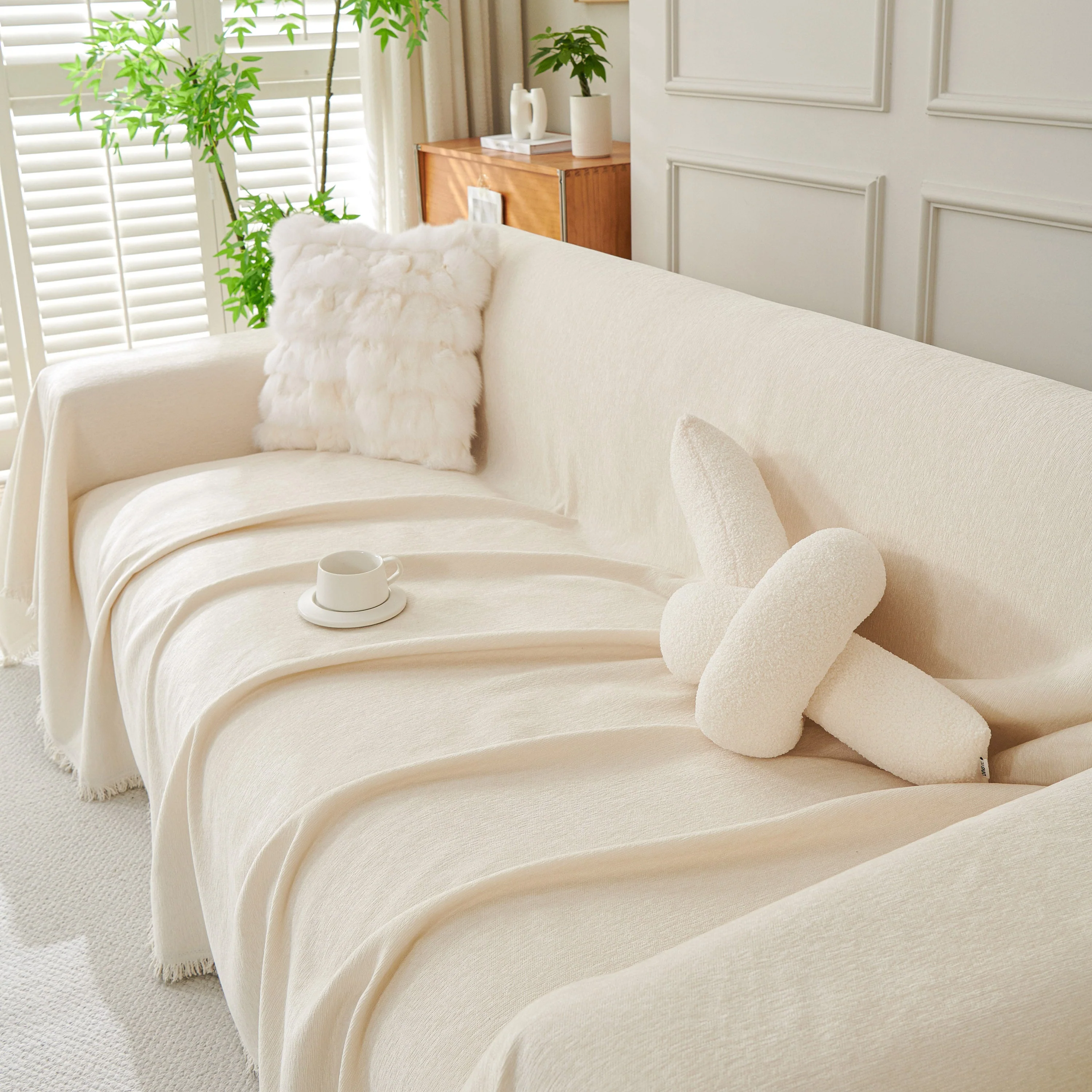 Solid Color Chenille Sofa Throw Blanket, Cozy & Easy Care Fringed Furniture Protector - Image 81