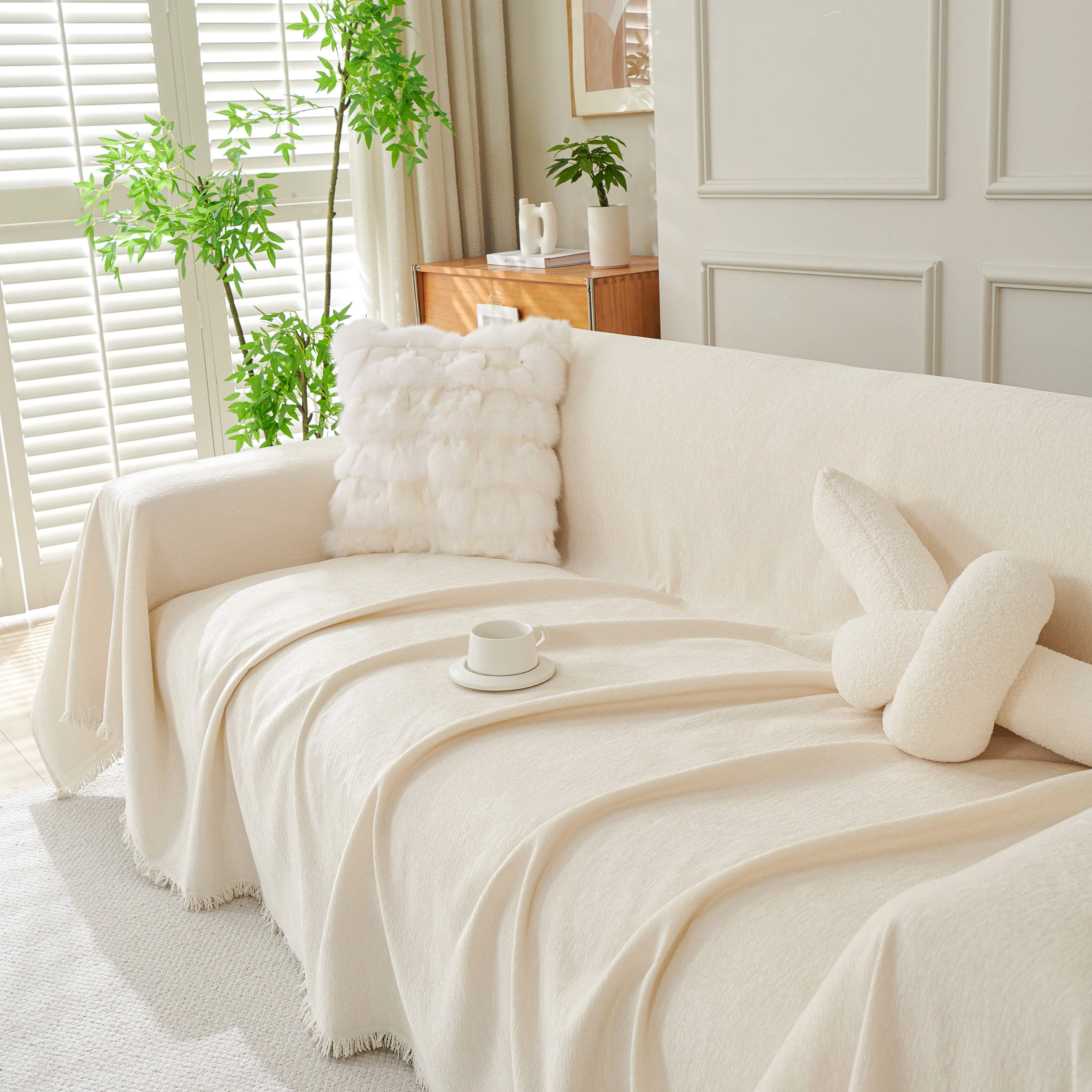 Solid Color Chenille Sofa Throw Blanket, Cozy & Easy Care Fringed Furniture Protector - Image 82