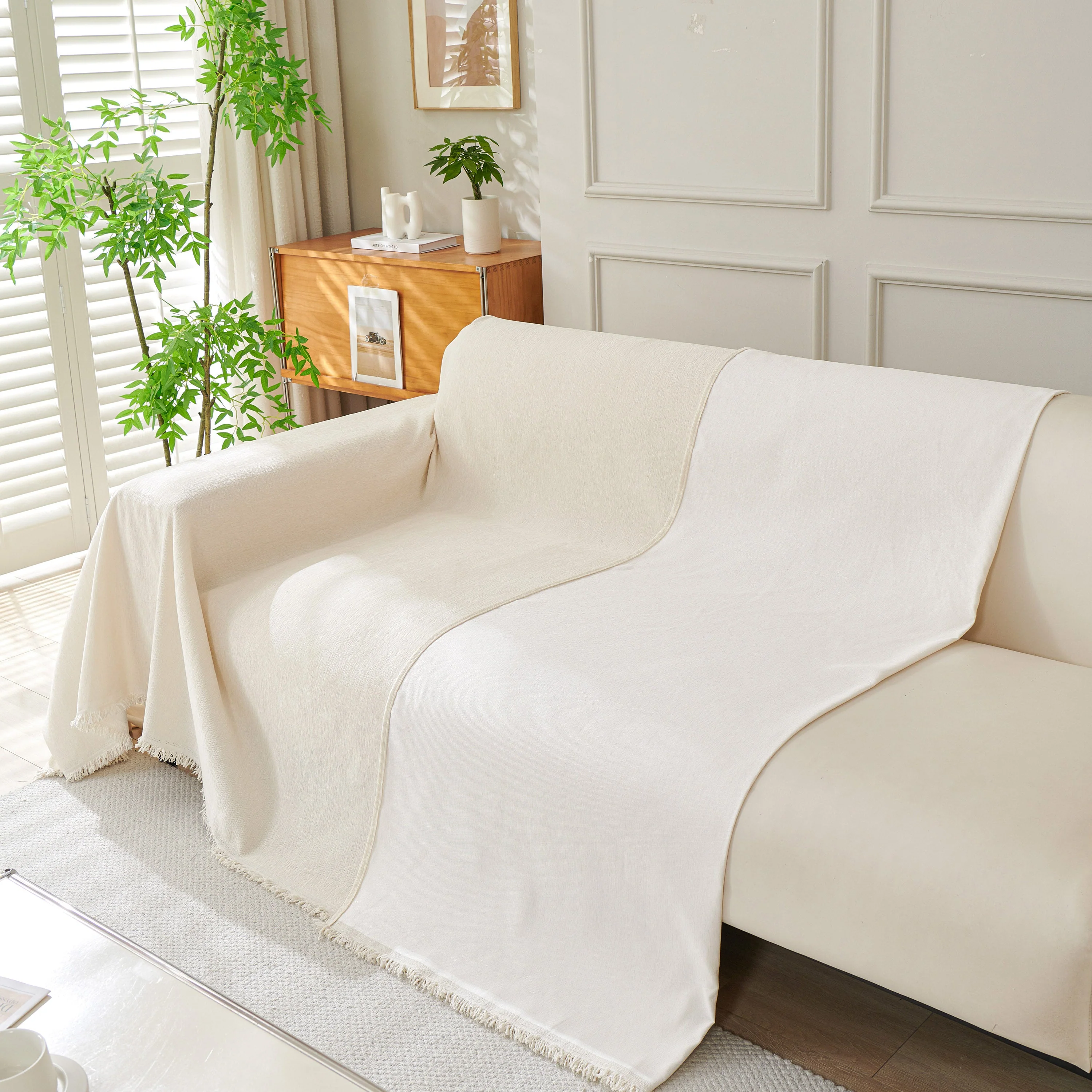 Solid Color Chenille Sofa Throw Blanket, Cozy & Easy Care Fringed Furniture Protector - Image 86
