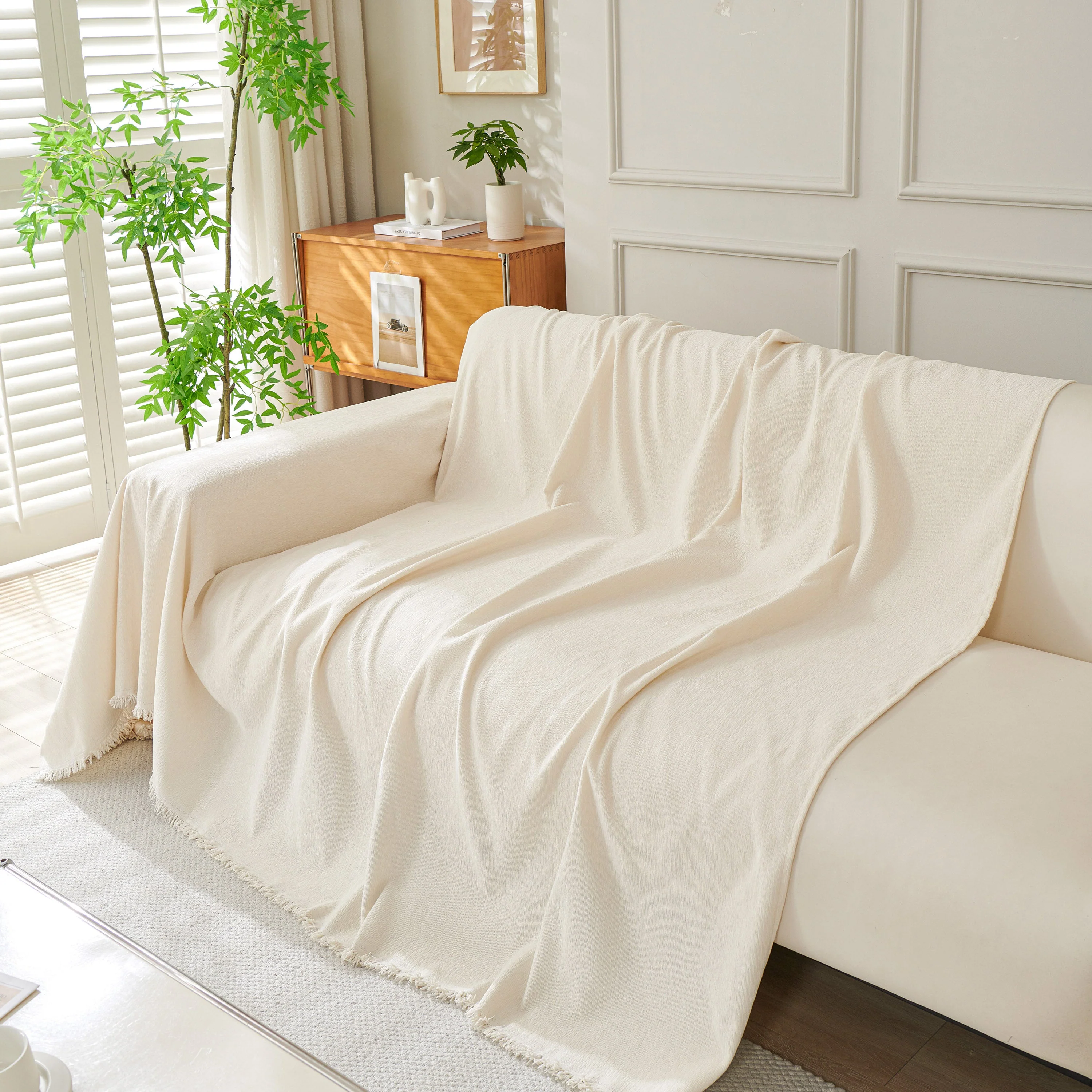 Solid Color Chenille Sofa Throw Blanket, Cozy & Easy Care Fringed Furniture Protector - Image 87