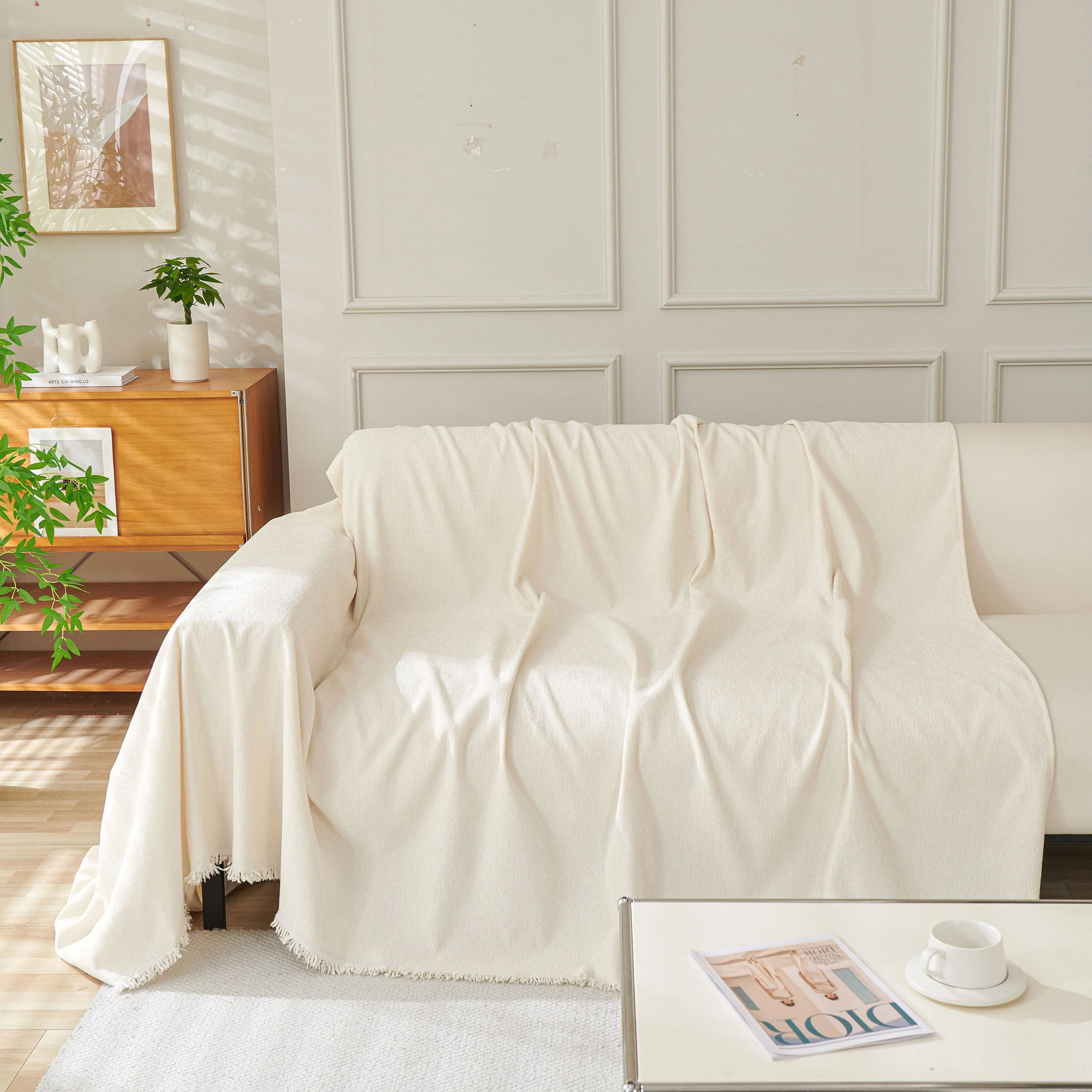 Solid Color Chenille Sofa Throw Blanket, Cozy & Easy Care Fringed Furniture Protector - Image 88