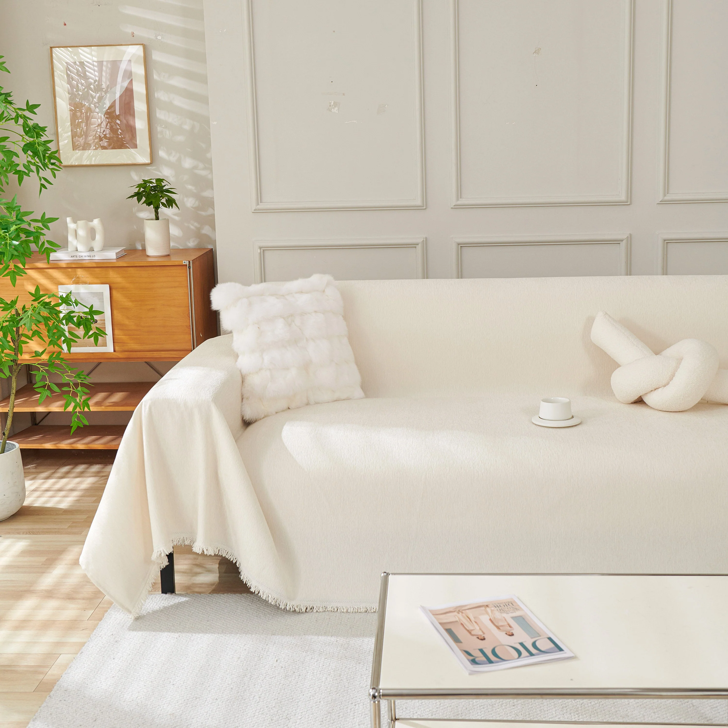 Solid Color Chenille Sofa Throw Blanket, Cozy & Easy Care Fringed Furniture Protector - Image 89
