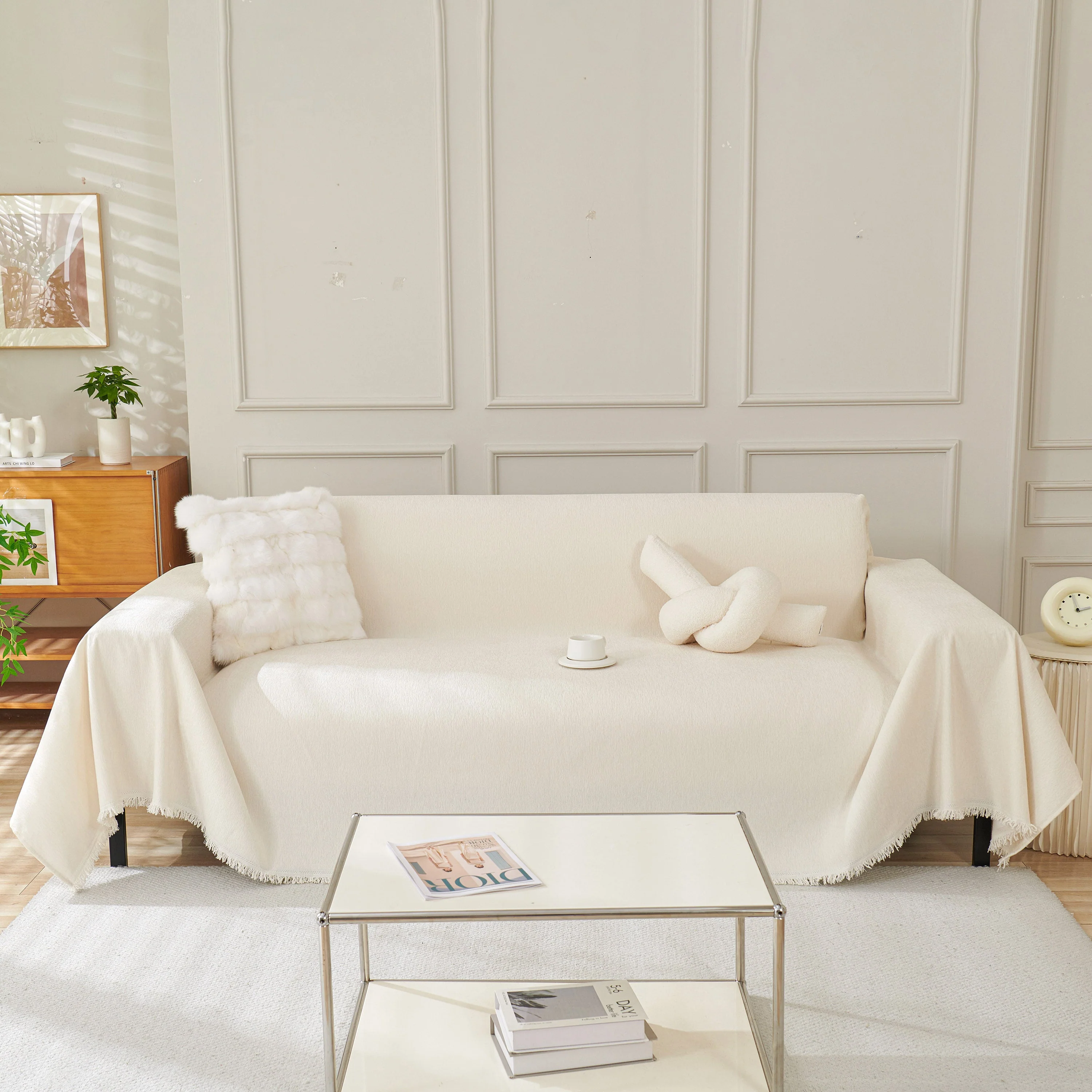 Solid Color Chenille Sofa Throw Blanket, Cozy & Easy Care Fringed Furniture Protector - Image 90