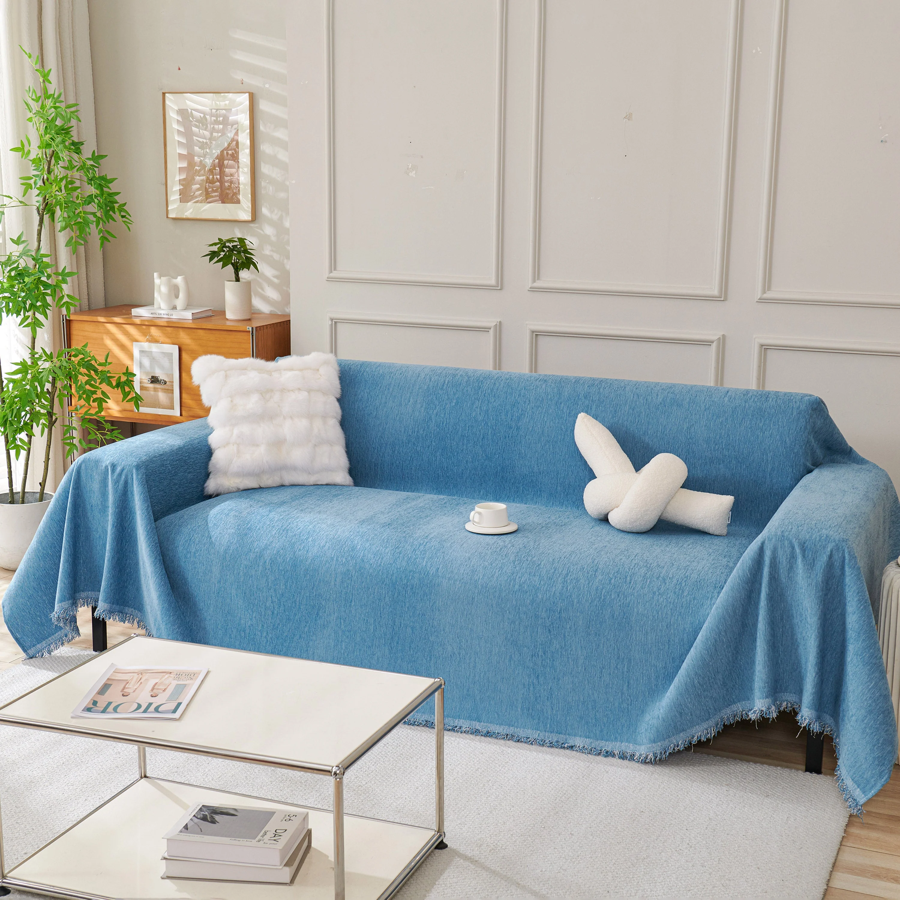 Solid Color Chenille Sofa Throw Blanket, Cozy & Easy Care Fringed Furniture Protector - Image 92