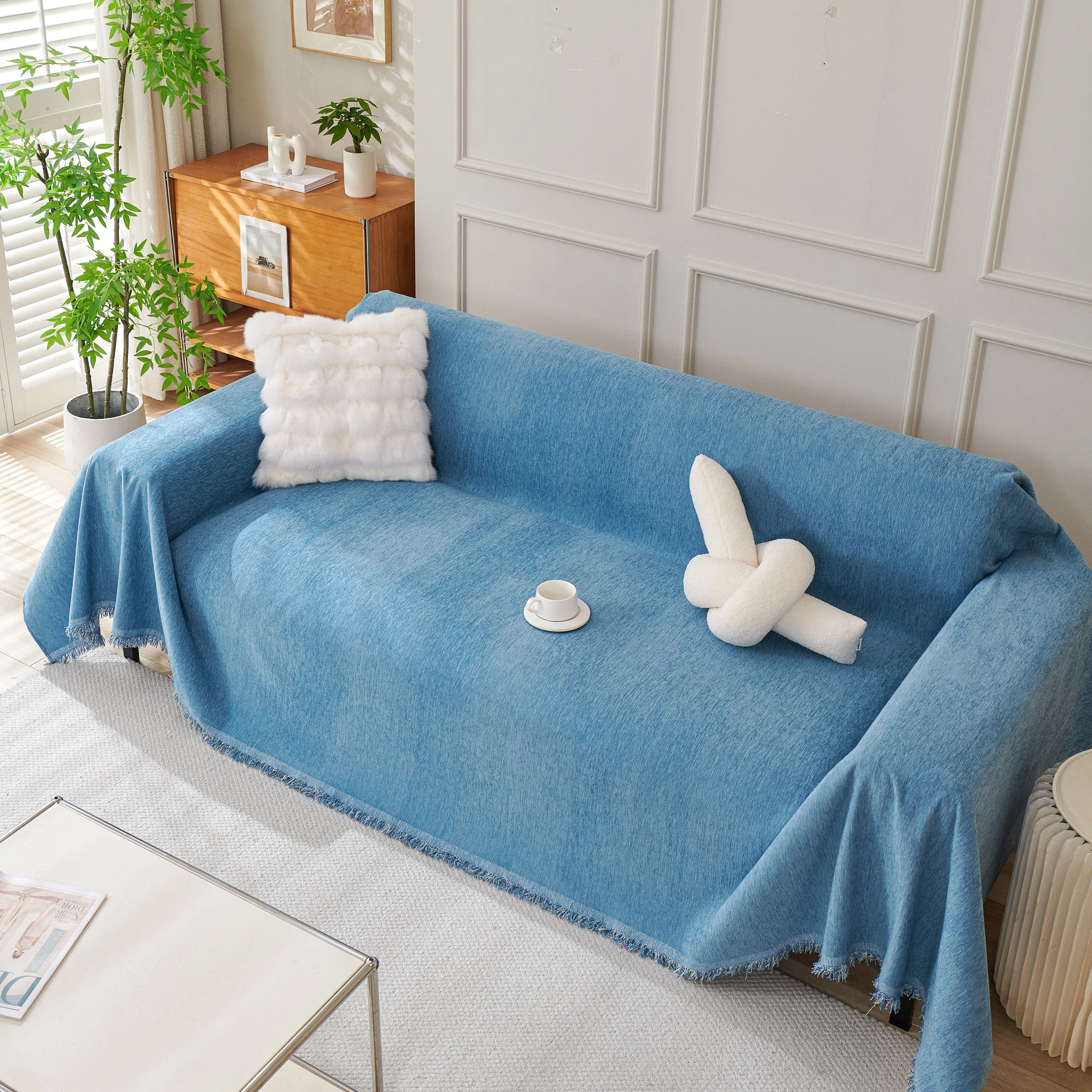 Solid Color Chenille Sofa Throw Blanket, Cozy & Easy Care Fringed Furniture Protector - Image 93