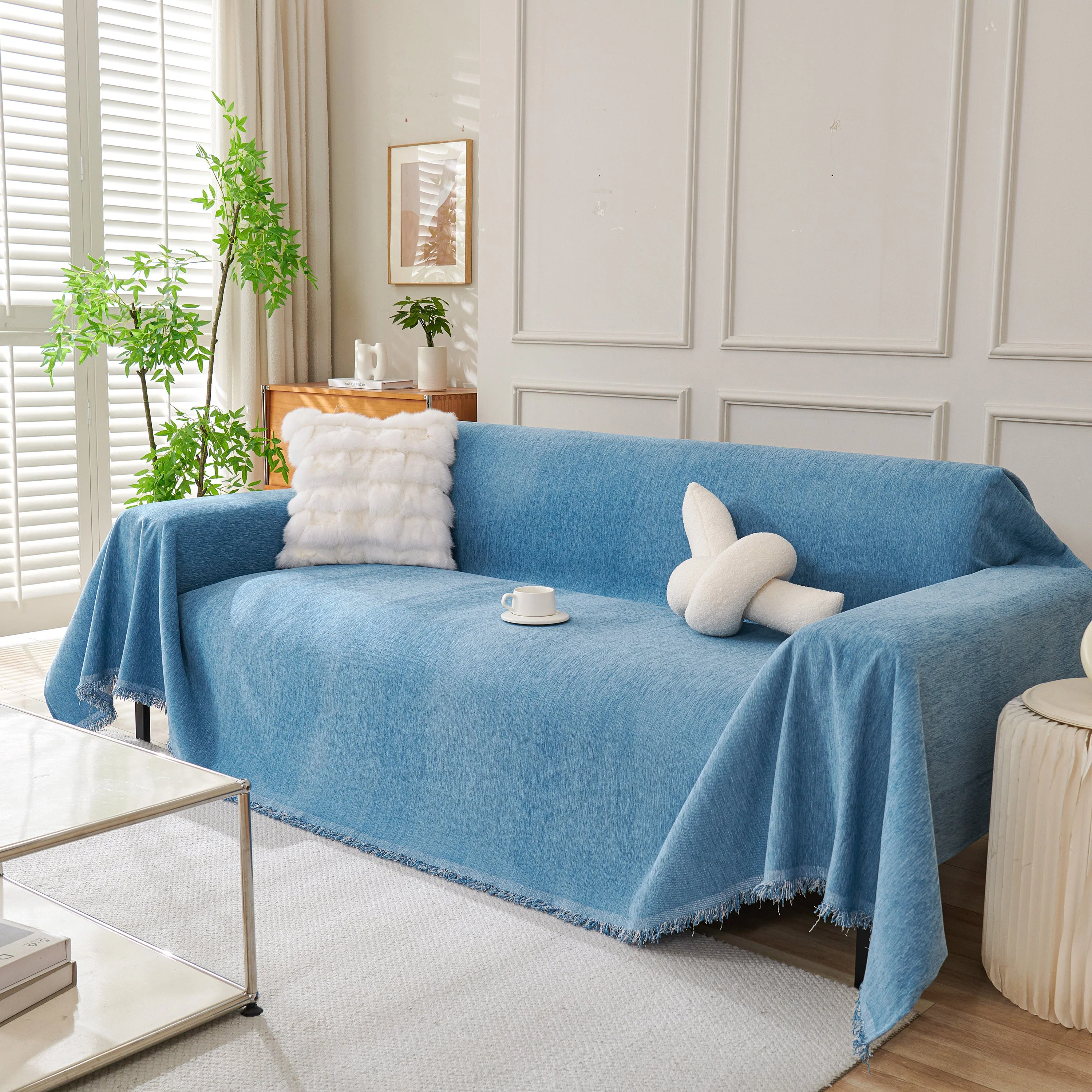 Solid Color Chenille Sofa Throw Blanket, Cozy & Easy Care Fringed Furniture Protector - Image 94