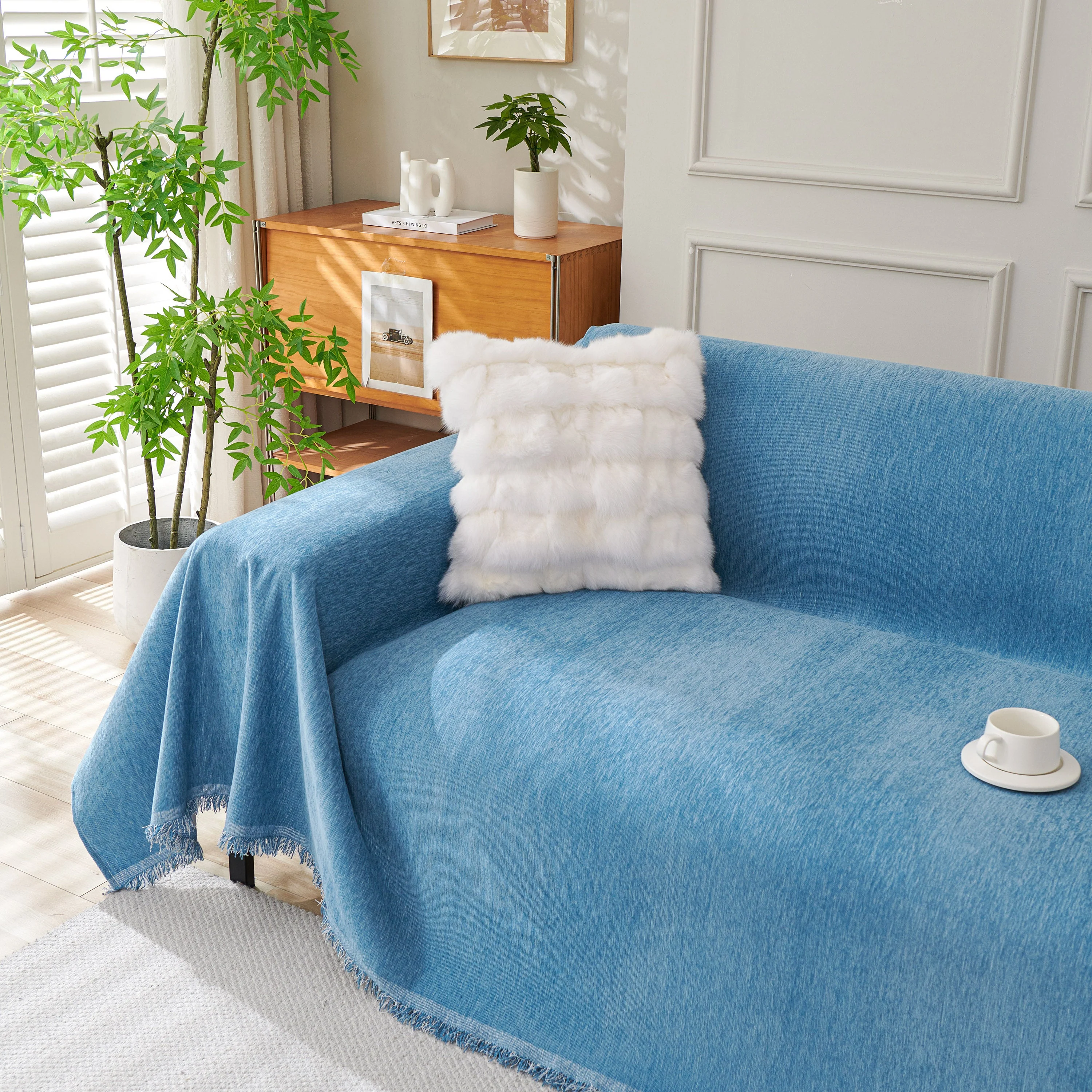 Solid Color Chenille Sofa Throw Blanket, Cozy & Easy Care Fringed Furniture Protector - Image 95