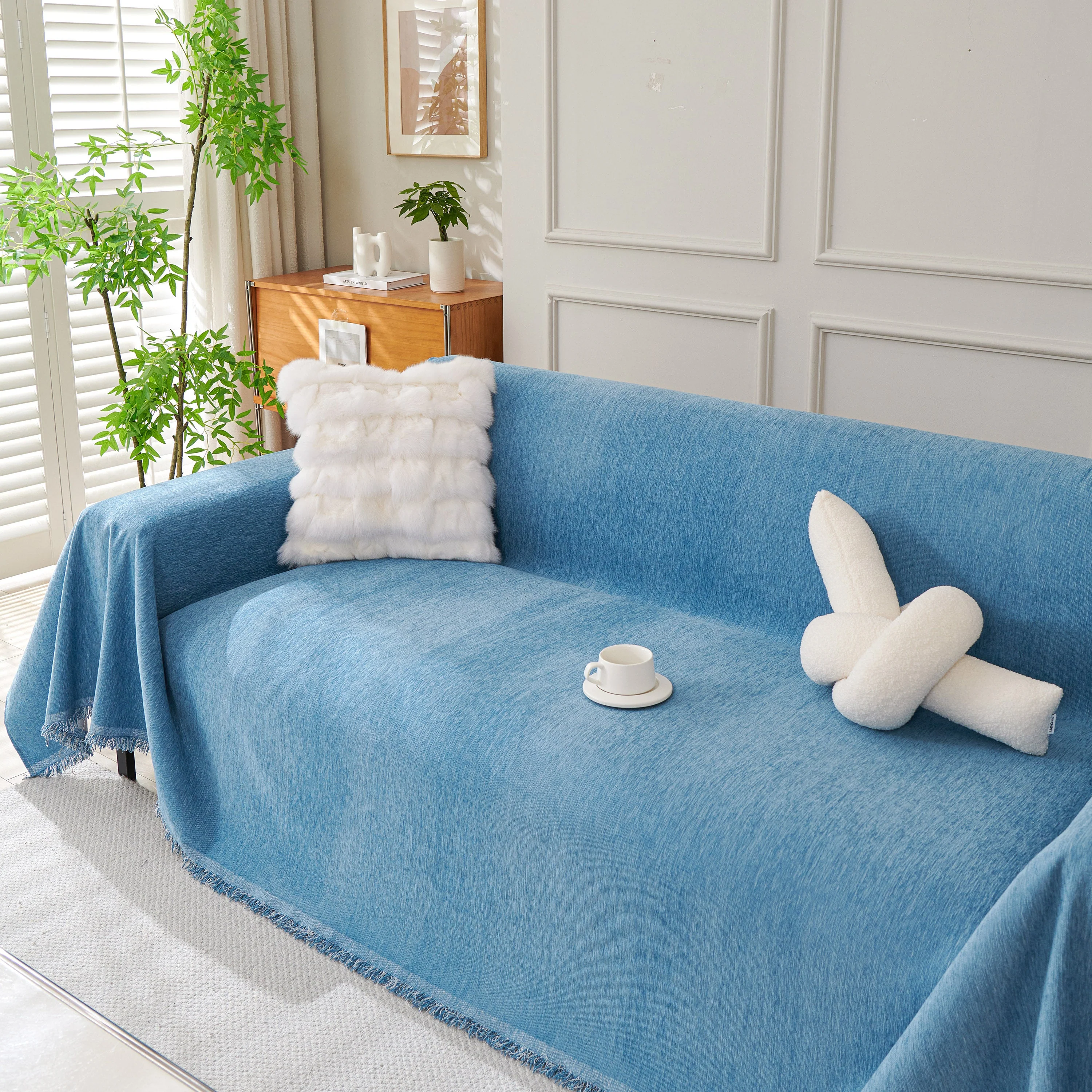 Solid Color Chenille Sofa Throw Blanket, Cozy & Easy Care Fringed Furniture Protector - Image 96