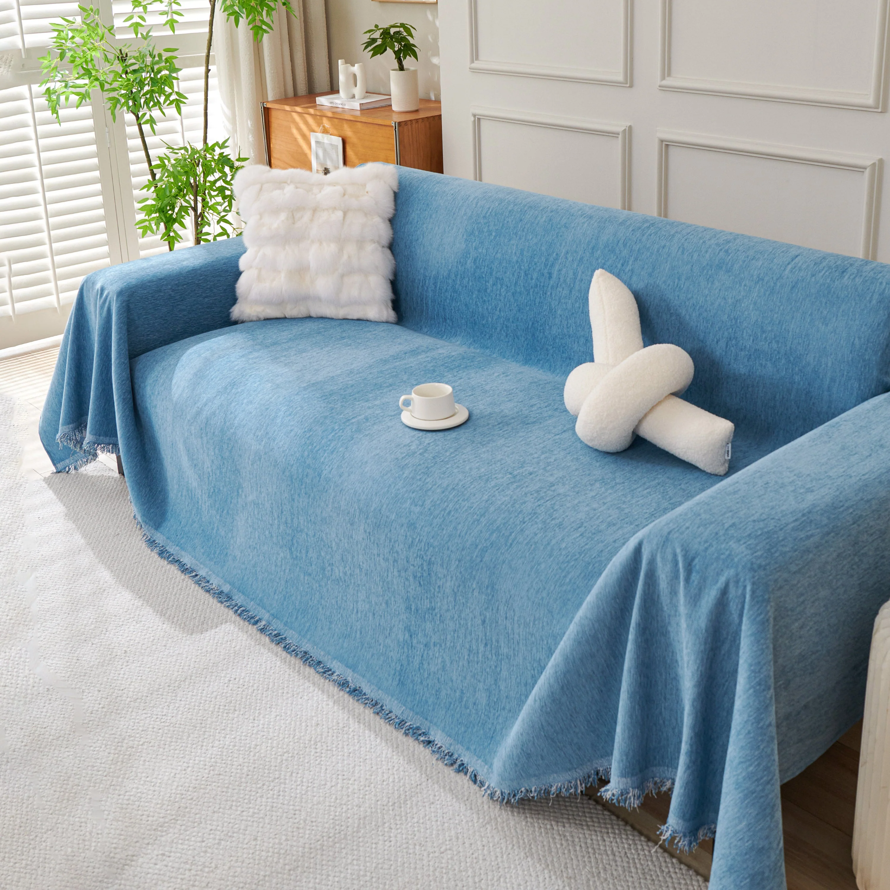 Solid Color Chenille Sofa Throw Blanket, Cozy & Easy Care Fringed Furniture Protector - Image 97