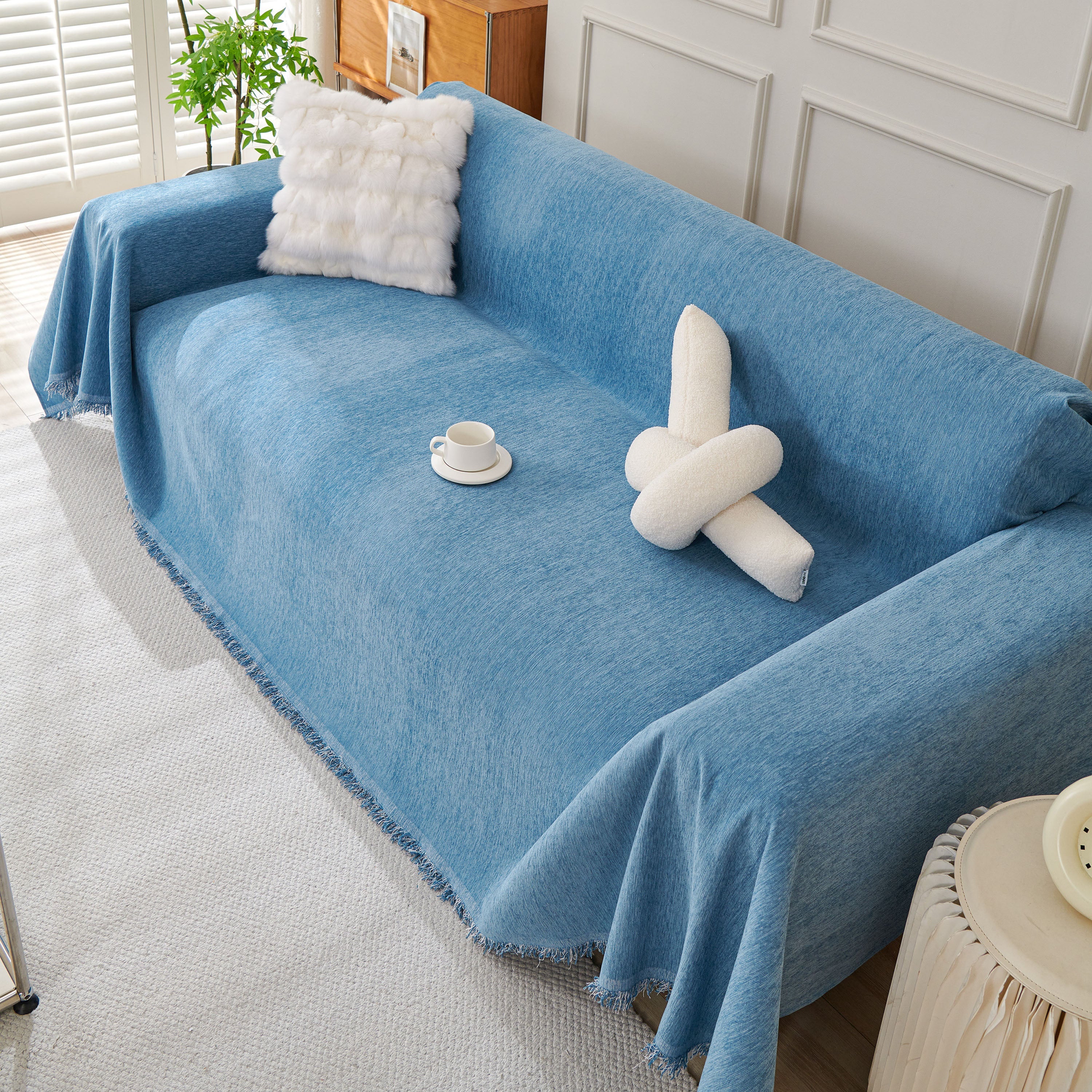 Solid Color Chenille Sofa Throw Blanket, Cozy & Easy Care Fringed Furniture Protector - Image 98
