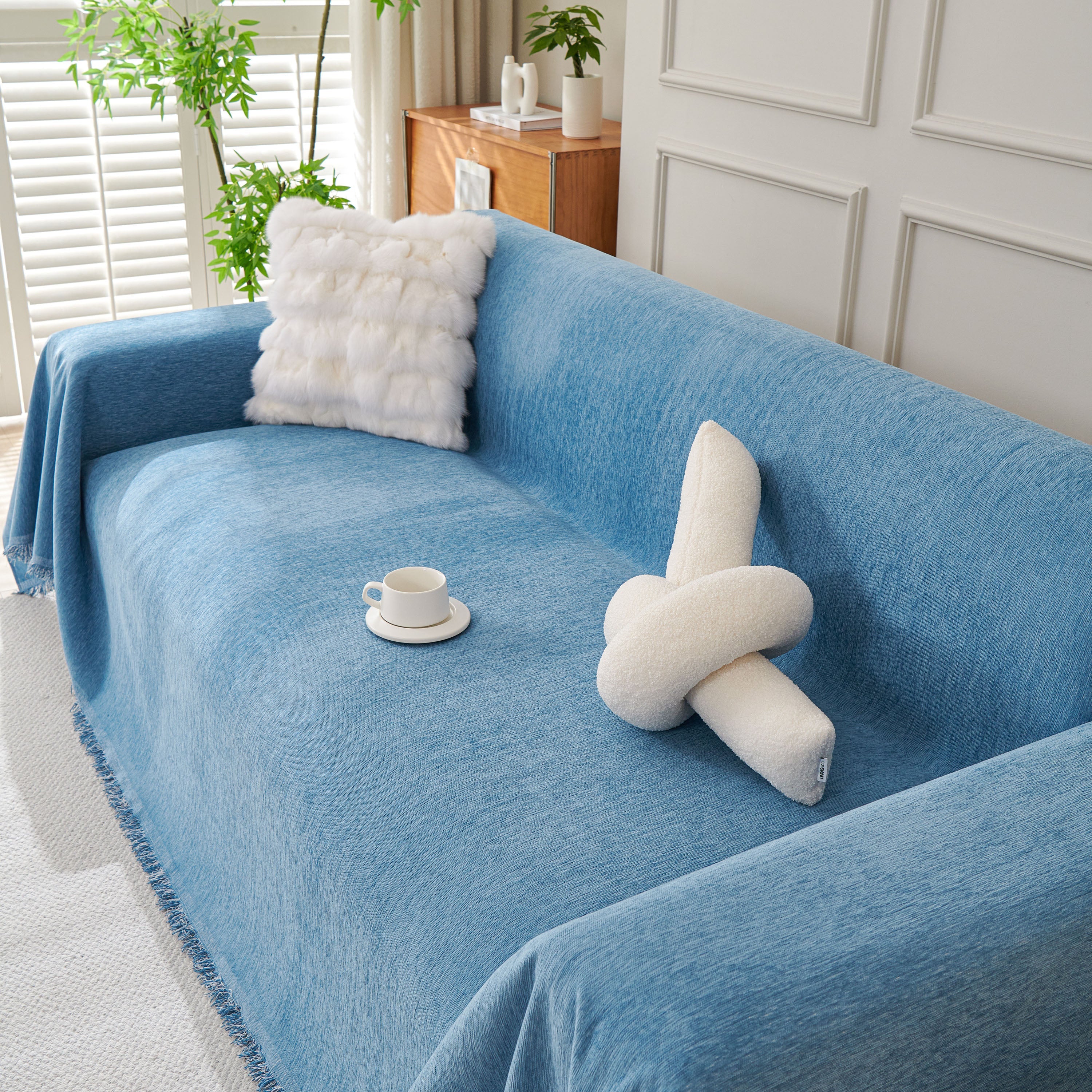 Solid Color Chenille Sofa Throw Blanket, Cozy & Easy Care Fringed Furniture Protector - Image 99