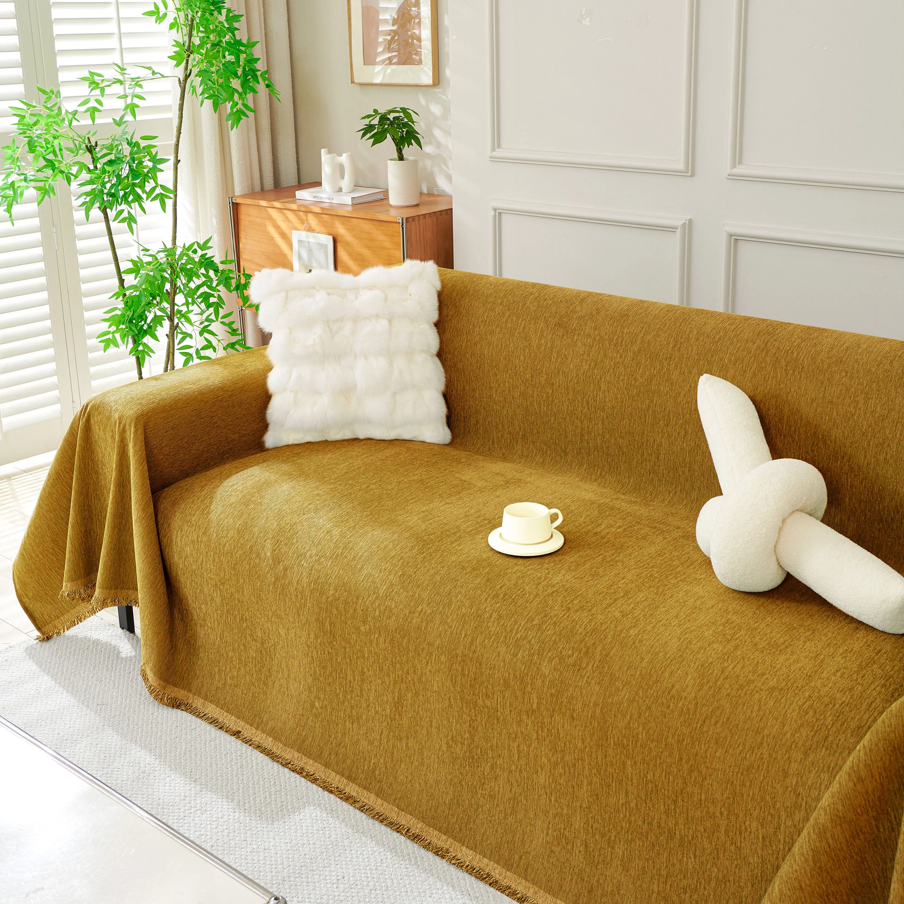 Solid Color Chenille Sofa Throw Blanket, Modern Decor Soft Couch Cover with Fringes - Image 10