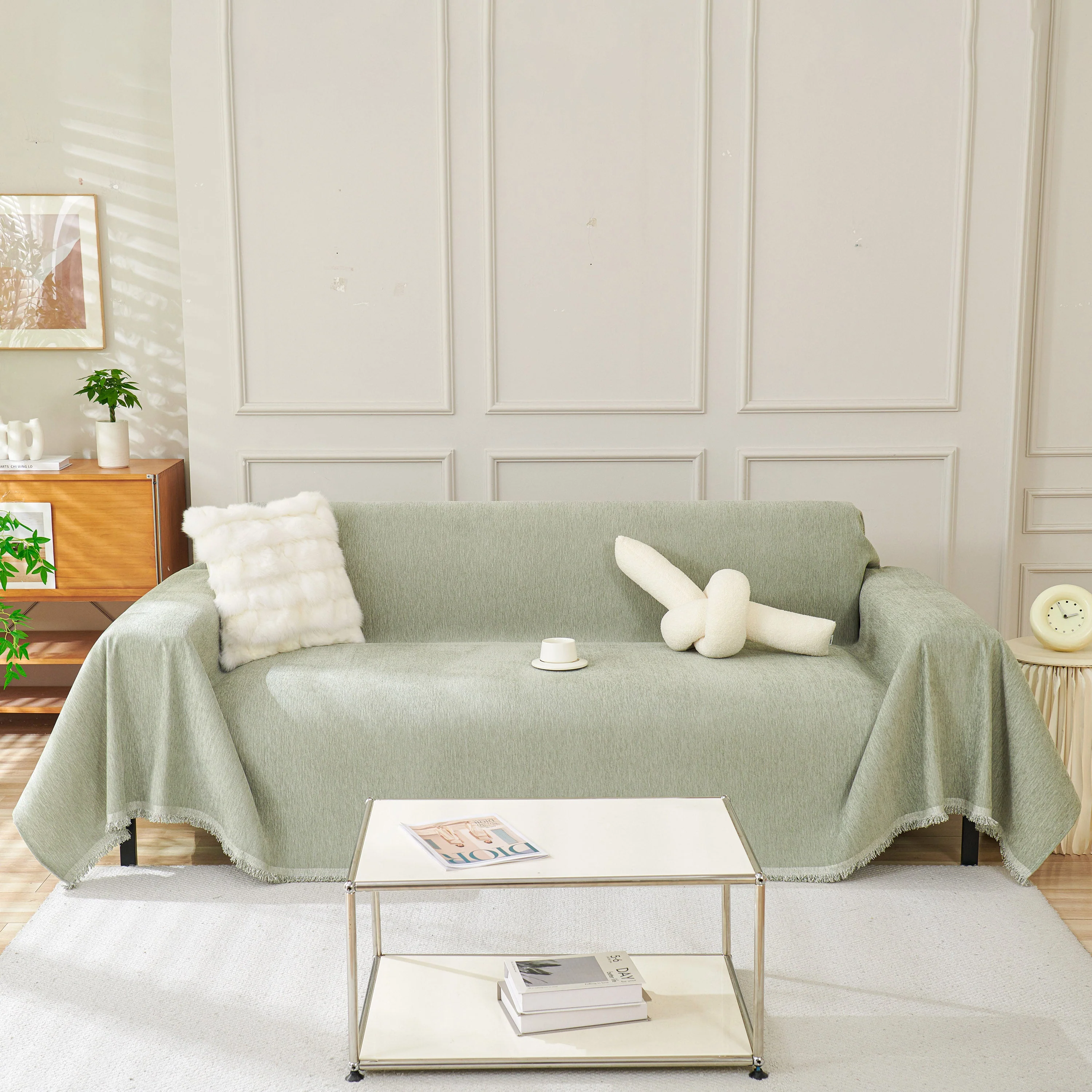 Solid Color Chenille Sofa Throw Blanket, Modern Decor Soft Couch Cover with Fringes - Image 100
