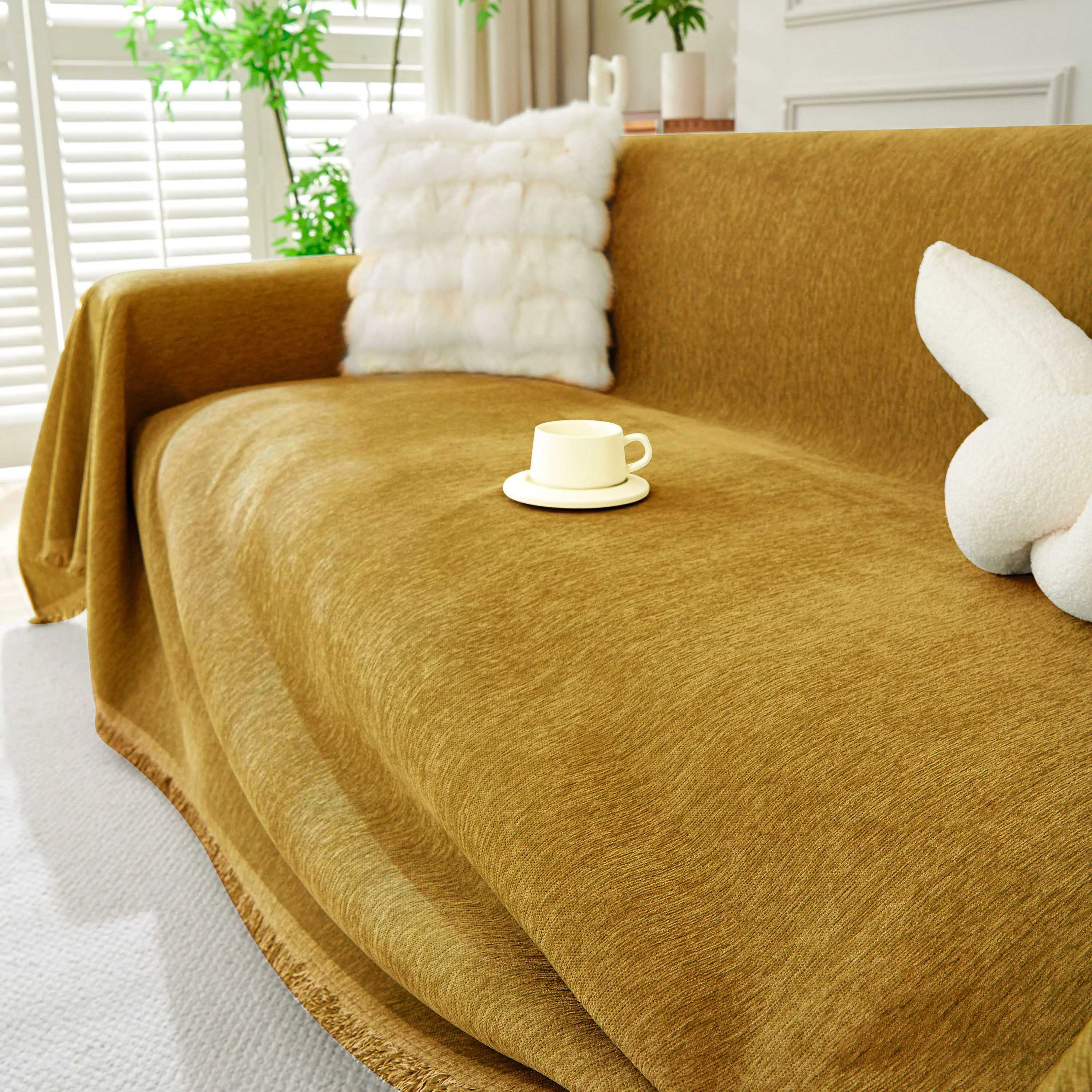 Solid Color Chenille Sofa Throw Blanket, Modern Decor Soft Couch Cover with Fringes - Image 11