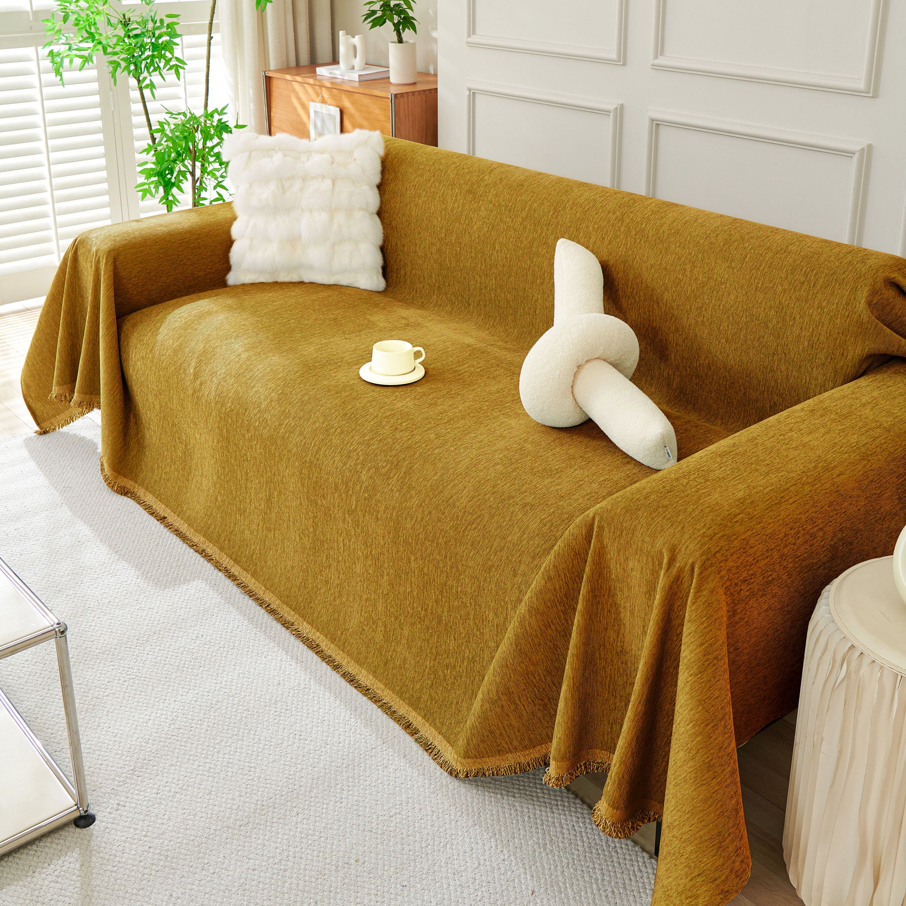 Solid Color Chenille Sofa Throw Blanket, Modern Decor Soft Couch Cover with Fringes - Image 12