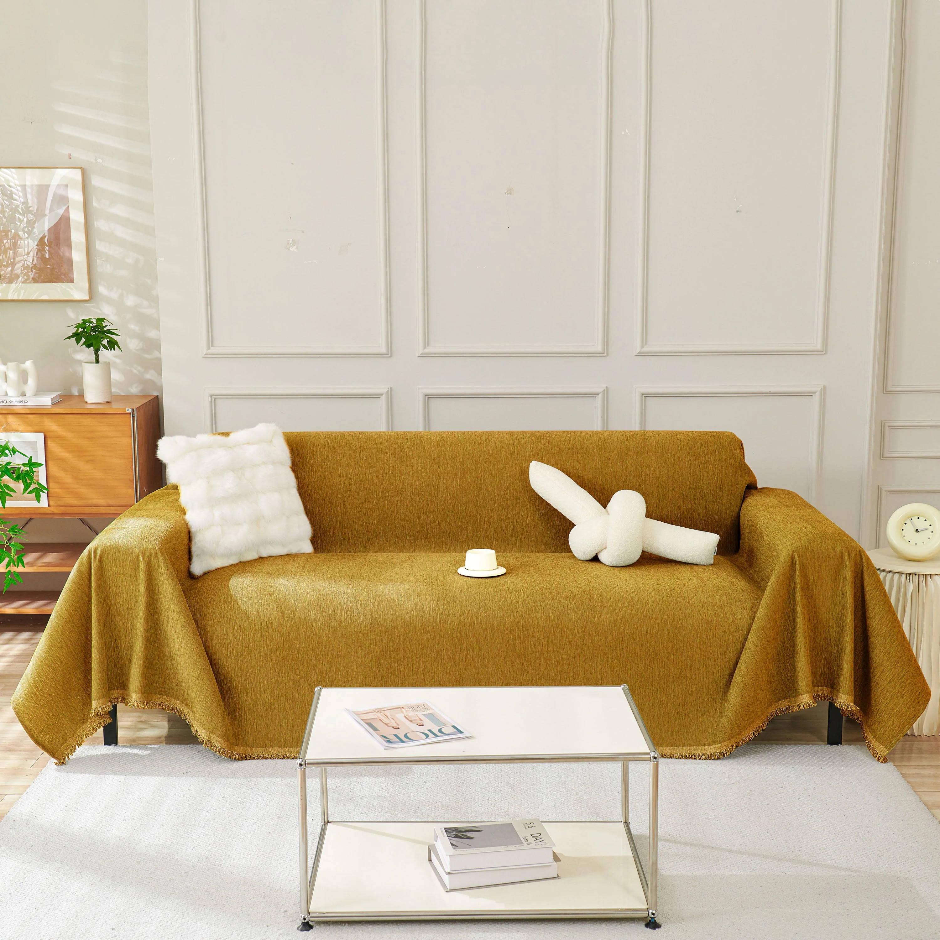 Solid Color Chenille Sofa Throw Blanket, Modern Decor Soft Couch Cover with Fringes - Image 13