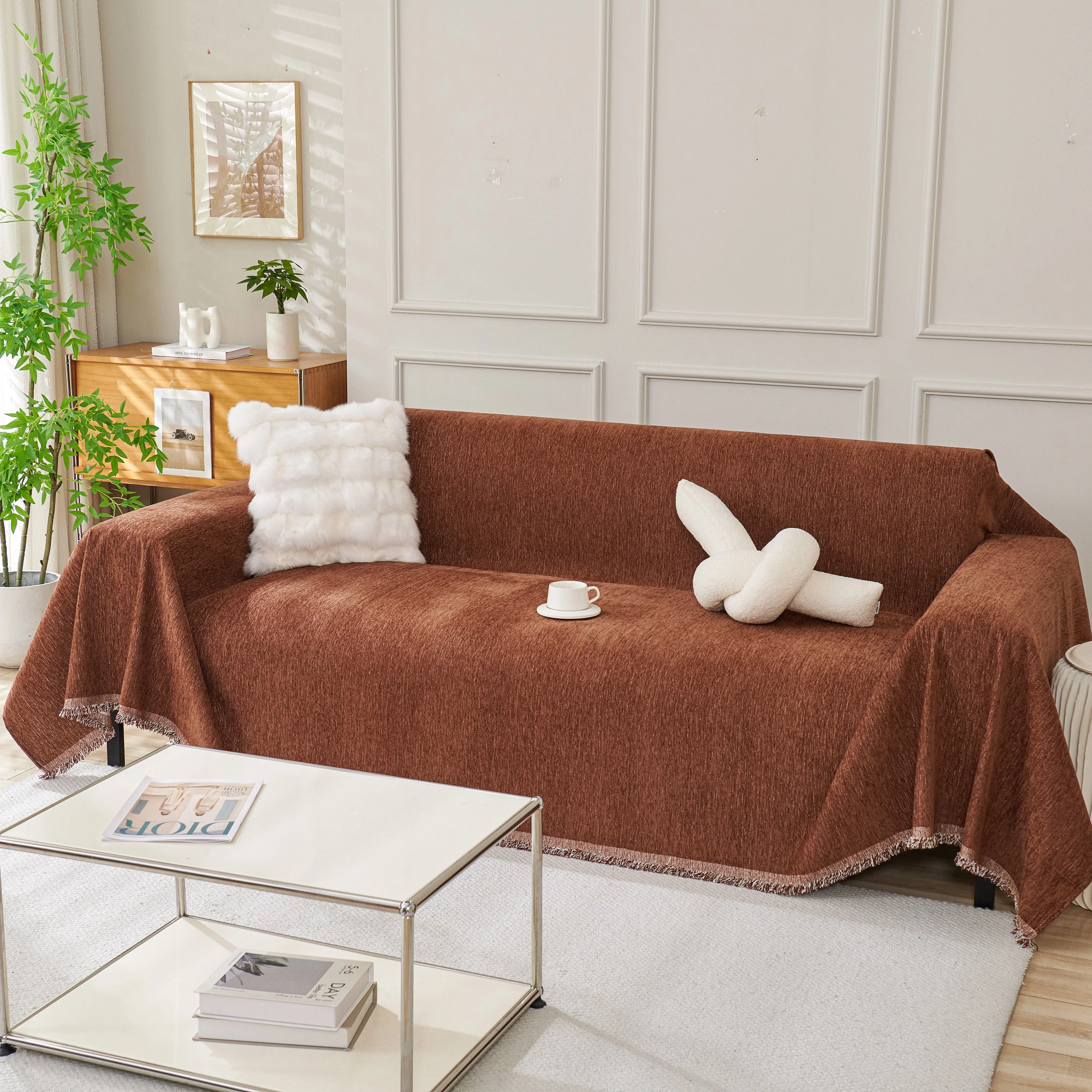 Solid Color Chenille Sofa Throw Blanket, Modern Decor Soft Couch Cover with Fringes - Image 15