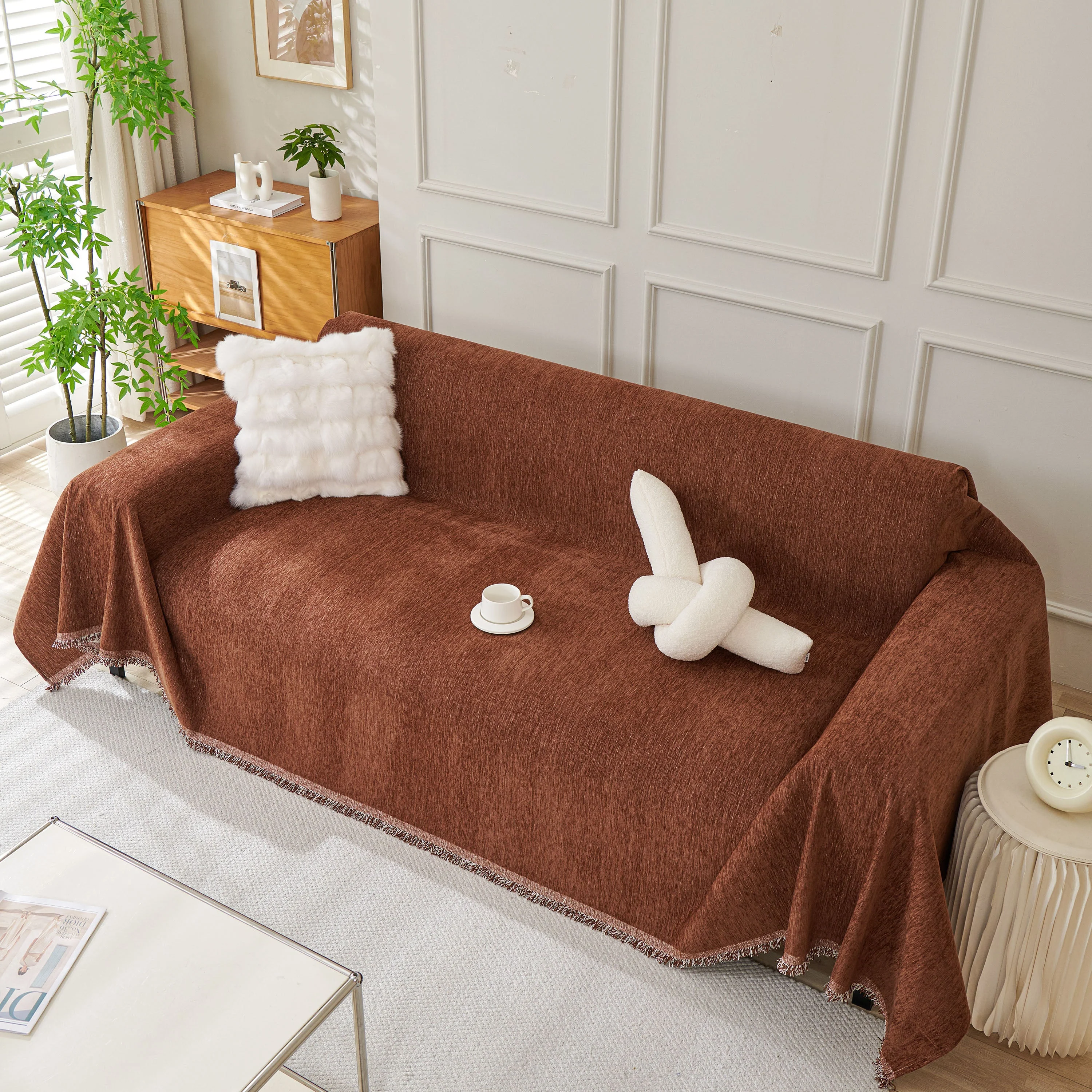 Solid Color Chenille Sofa Throw Blanket, Modern Decor Soft Couch Cover with Fringes - Image 16