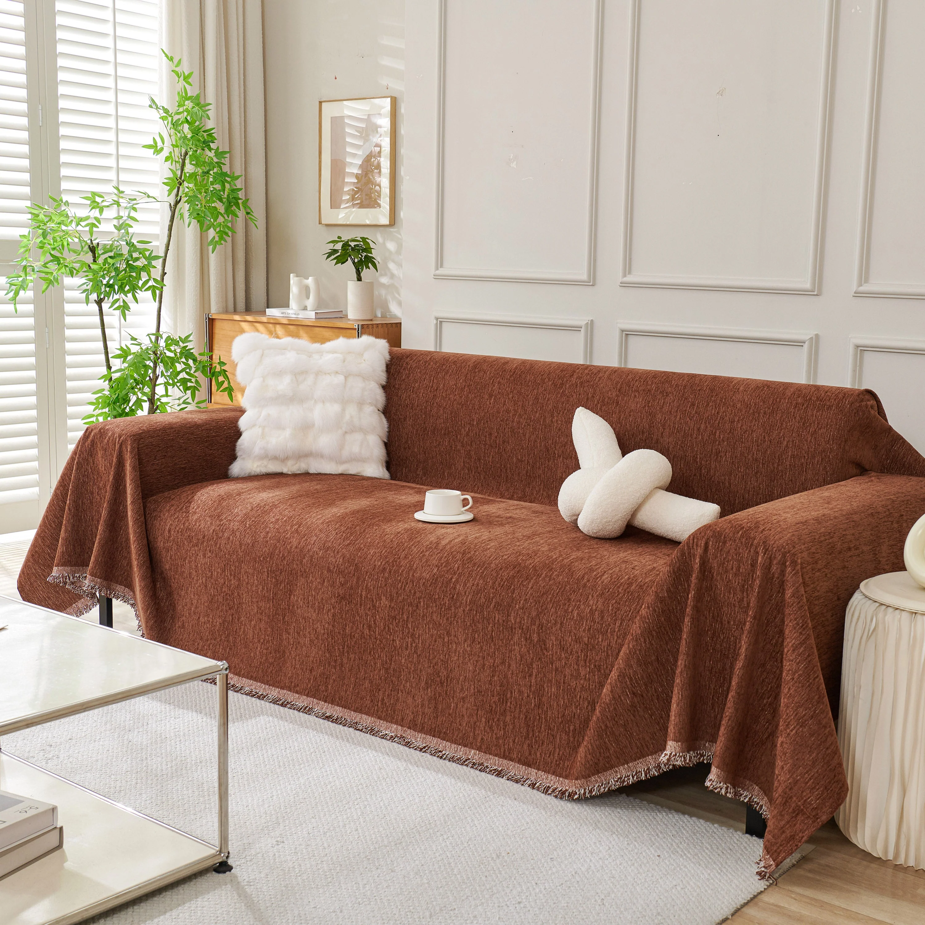 Solid Color Chenille Sofa Throw Blanket, Modern Decor Soft Couch Cover with Fringes - Image 17