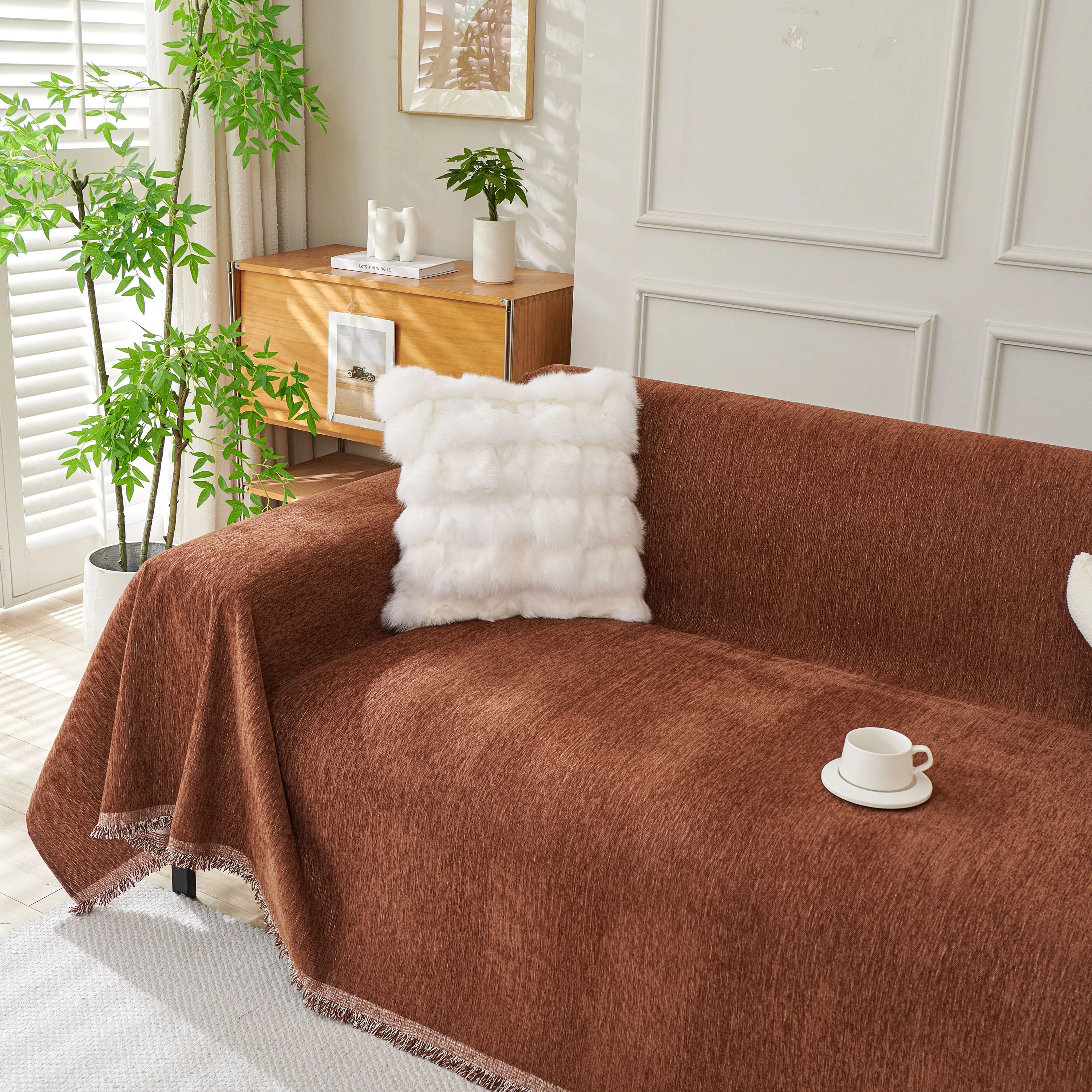 Solid Color Chenille Sofa Throw Blanket, Modern Decor Soft Couch Cover with Fringes - Image 18