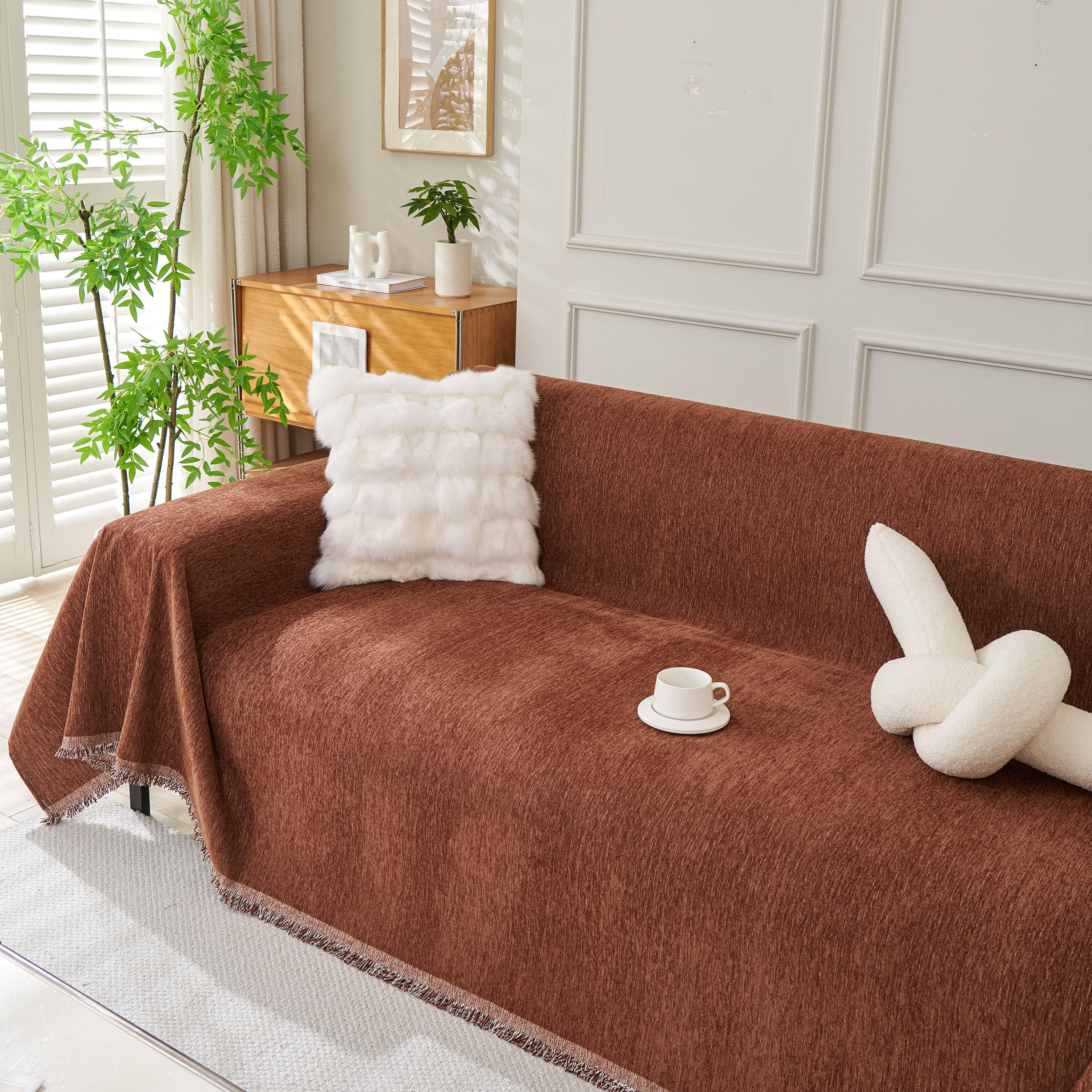 Solid Color Chenille Sofa Throw Blanket, Modern Decor Soft Couch Cover with Fringes - Image 19