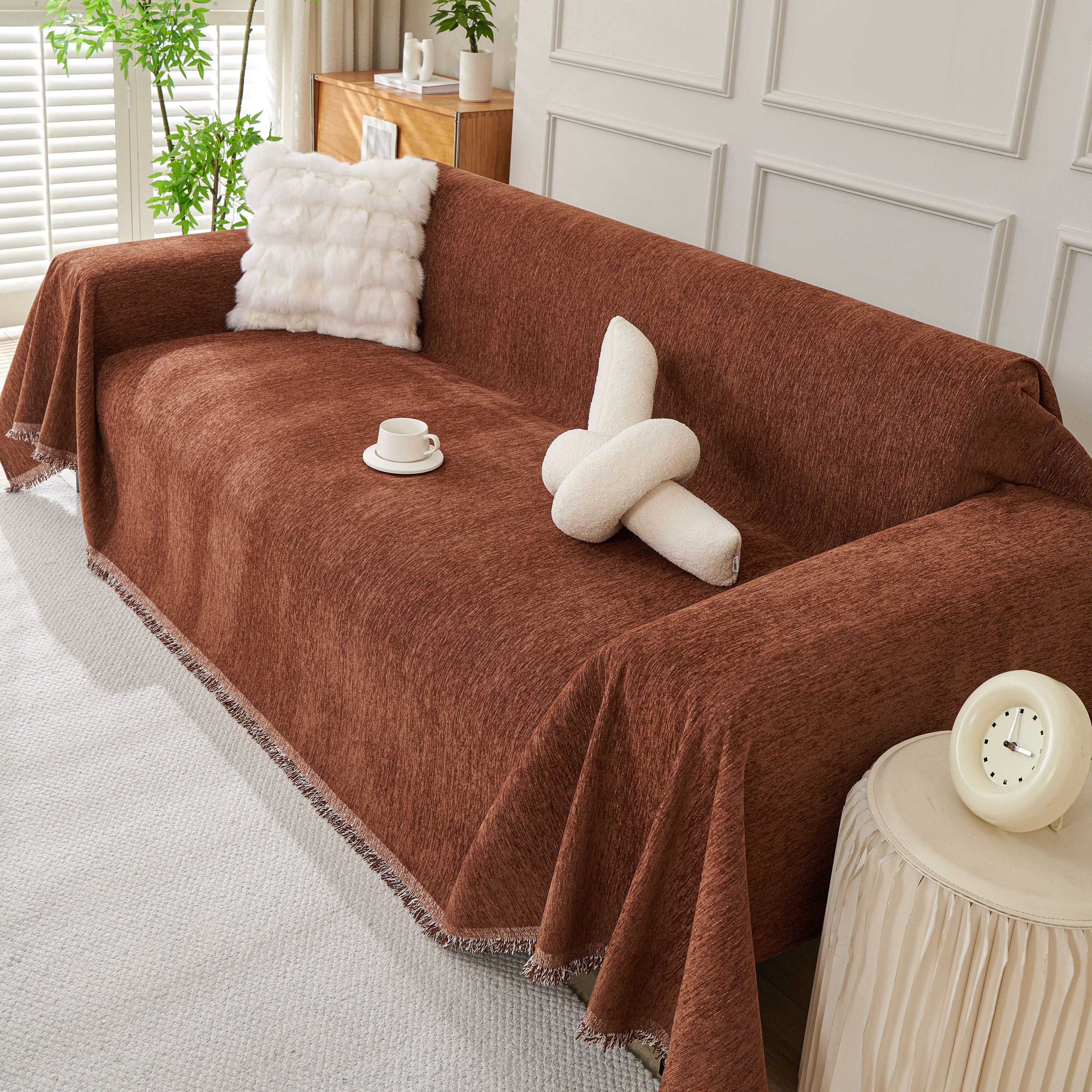 Solid Color Chenille Sofa Throw Blanket, Modern Decor Soft Couch Cover with Fringes - Image 21