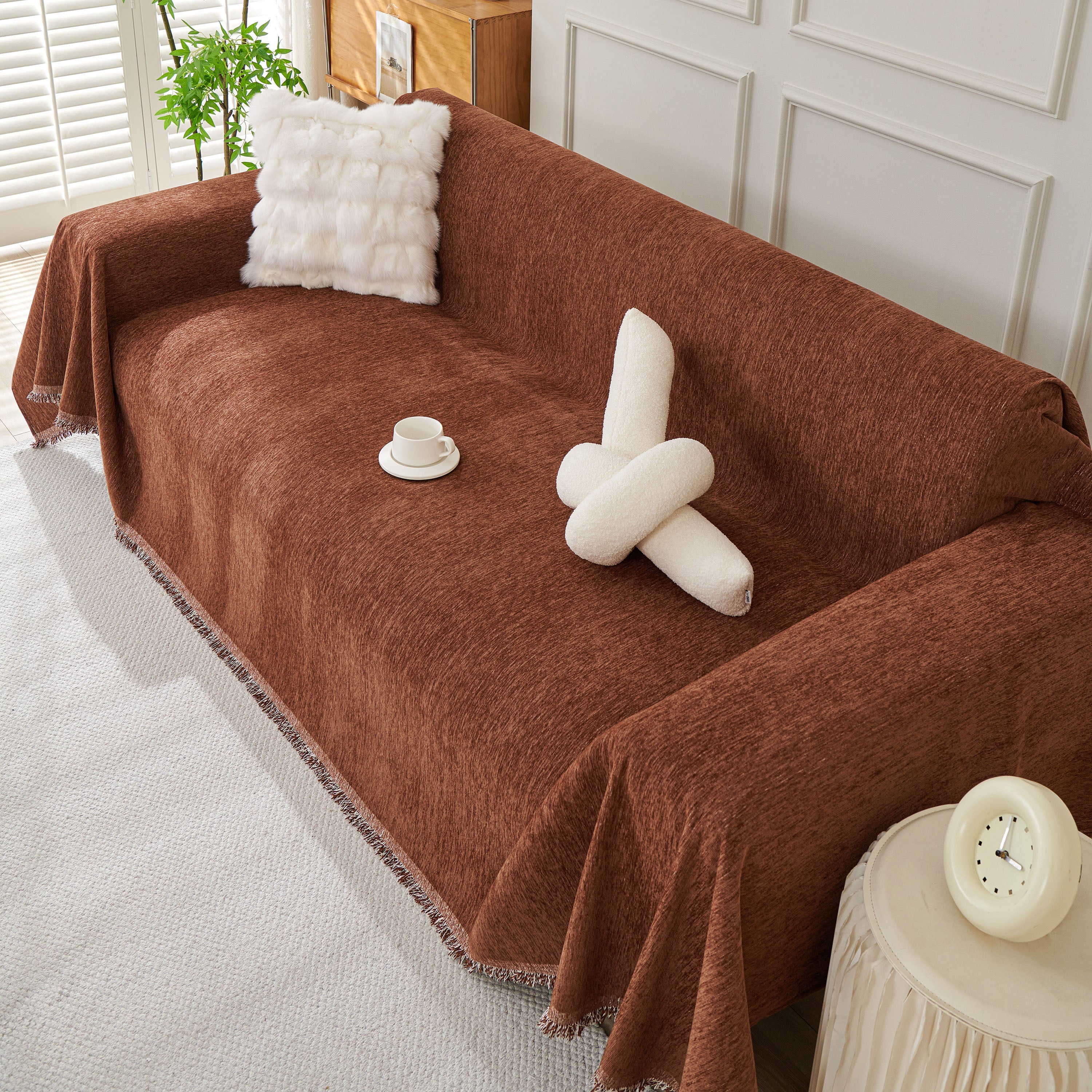 Solid Color Chenille Sofa Throw Blanket, Modern Decor Soft Couch Cover with Fringes - Image 22