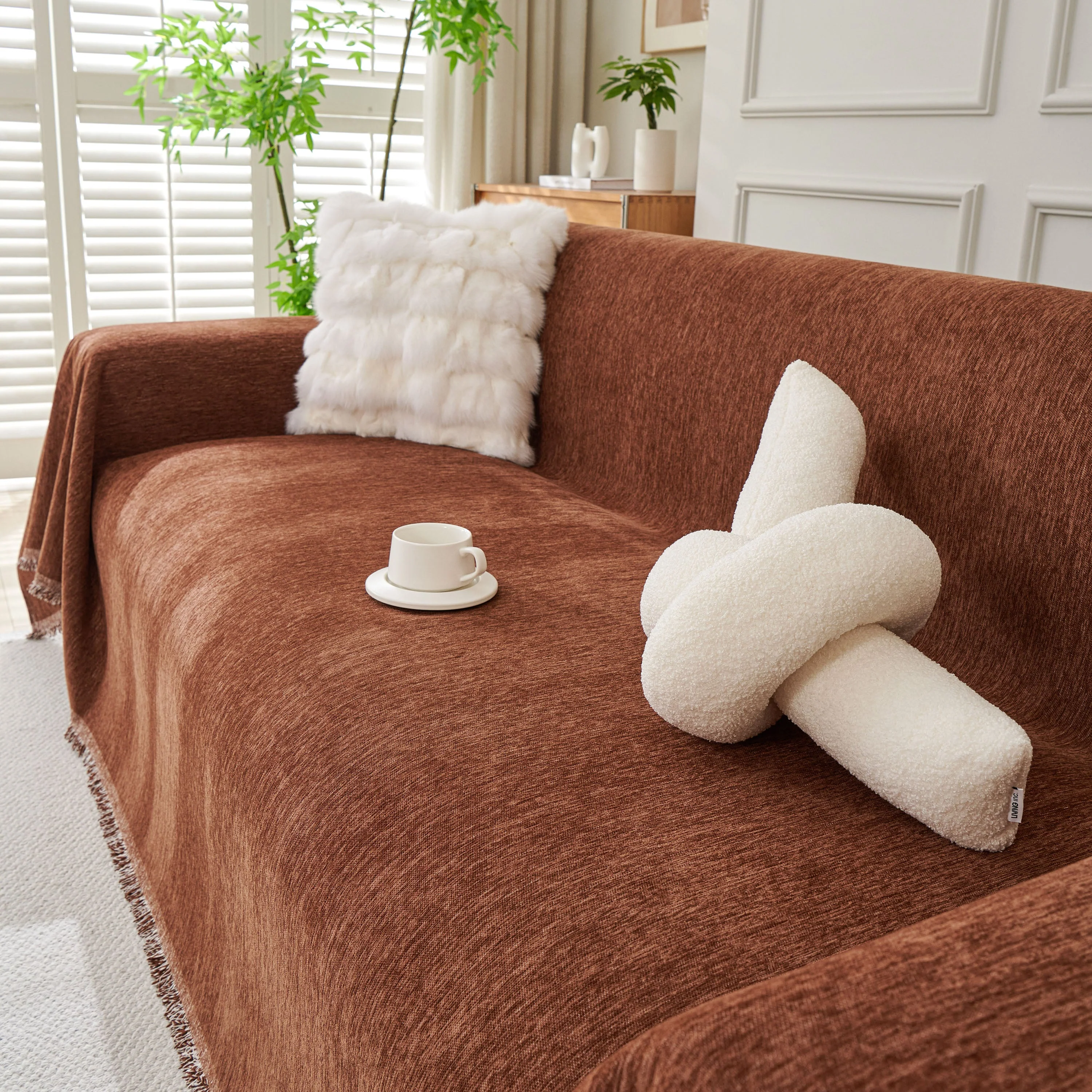 Solid Color Chenille Sofa Throw Blanket, Modern Decor Soft Couch Cover with Fringes - Image 25