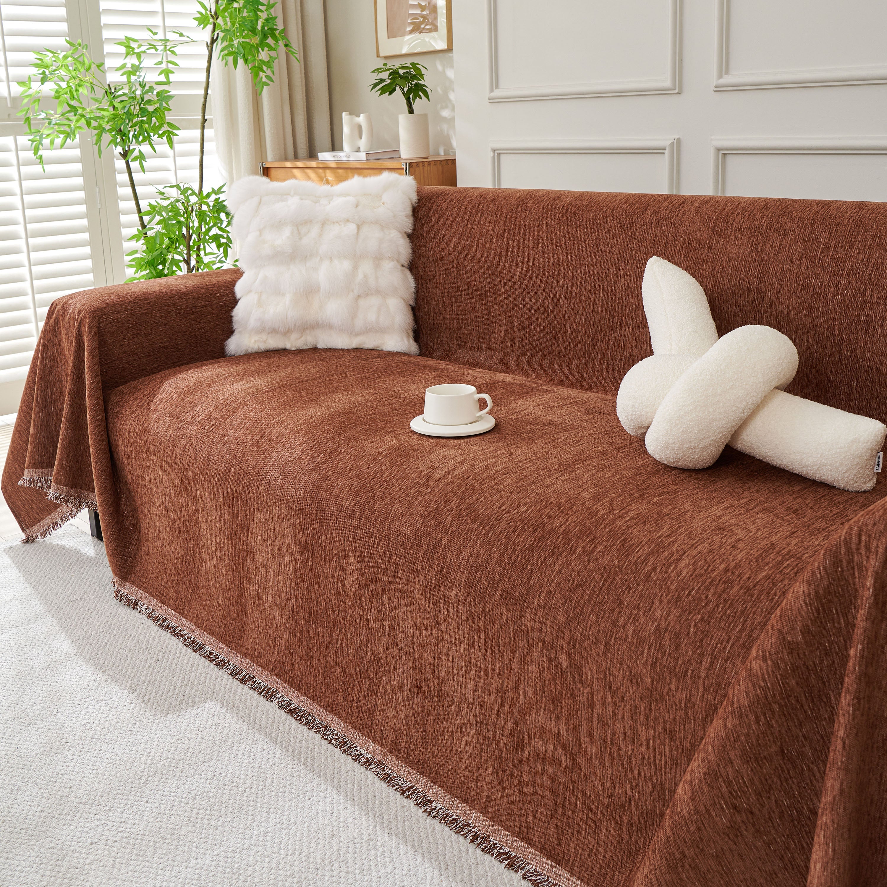 Solid Color Chenille Sofa Throw Blanket, Modern Decor Soft Couch Cover with Fringes - Image 26