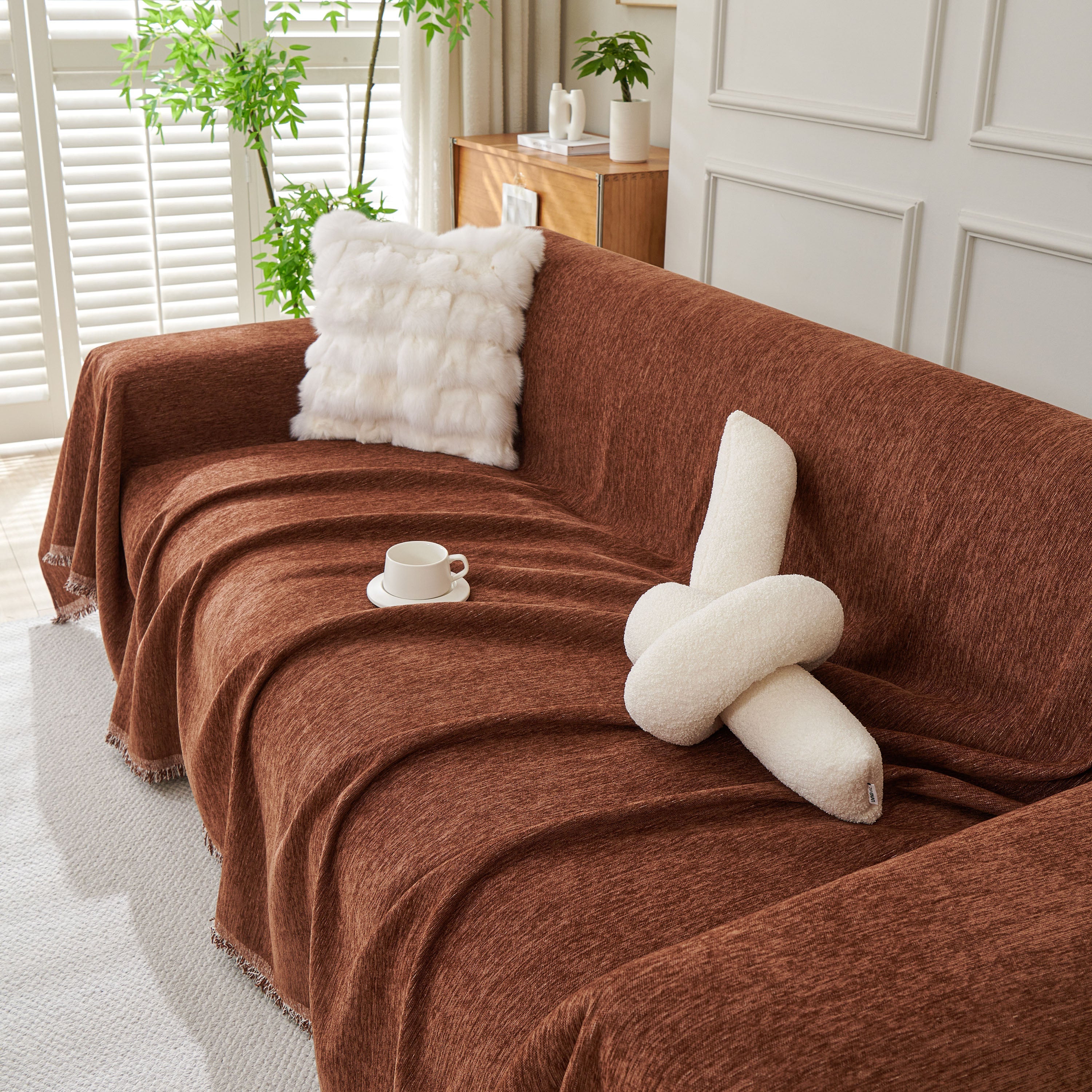 Solid Color Chenille Sofa Throw Blanket, Modern Decor Soft Couch Cover with Fringes - Image 27